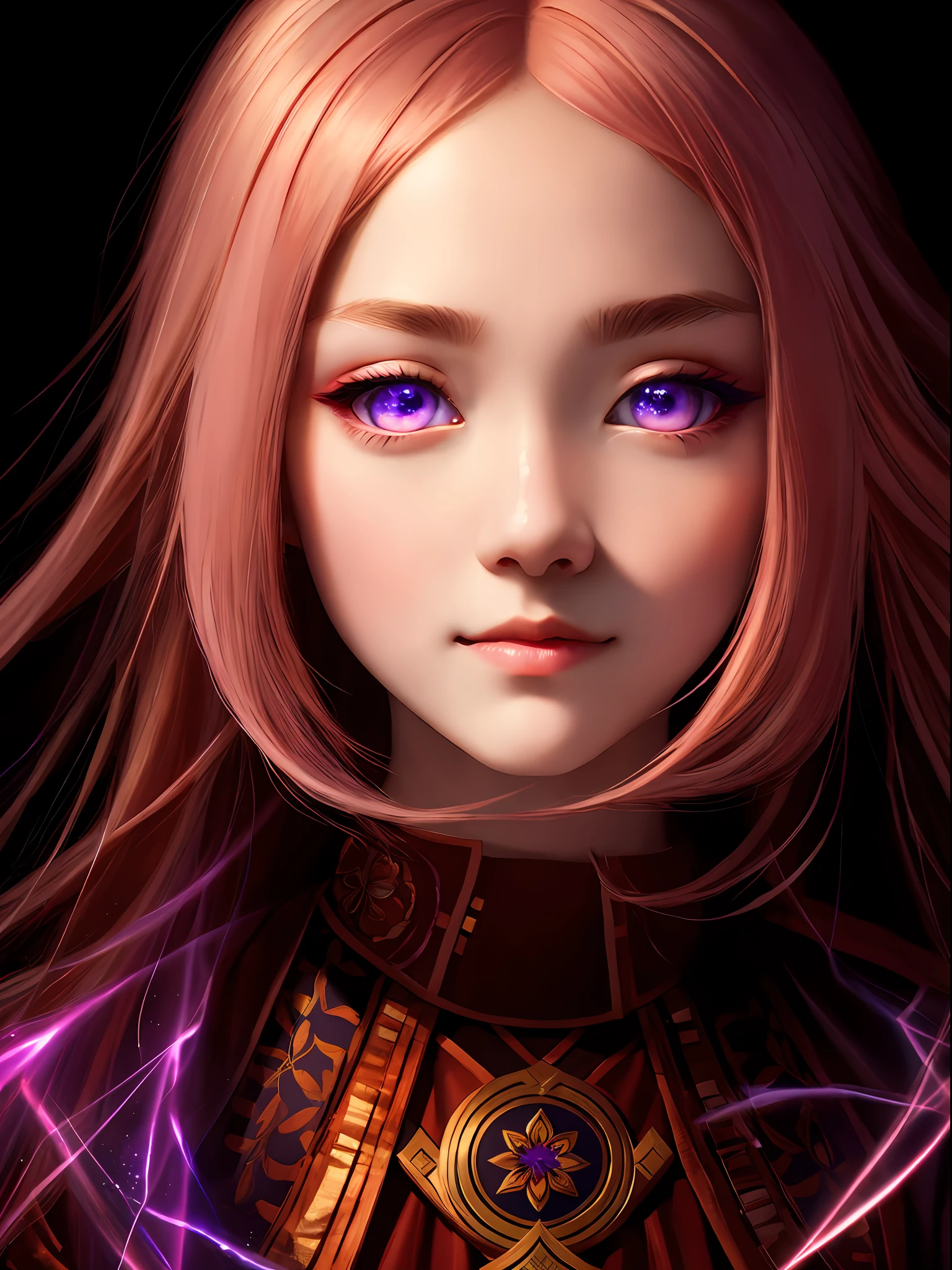 Yae Miko, oil painting by Leonardo da Vinci, realistic photography,  pink hair, her eyes are glowing in the dark, electric spark from eyes, her face is symmetrical, silky peach skin, , Adobe Illustration, Trending on Artstation, 8K, hd, cinematic, masterpiece, magnificent art, best quality, purple eyes, dim black light, lighting background, light reflection on skin, miko clothes