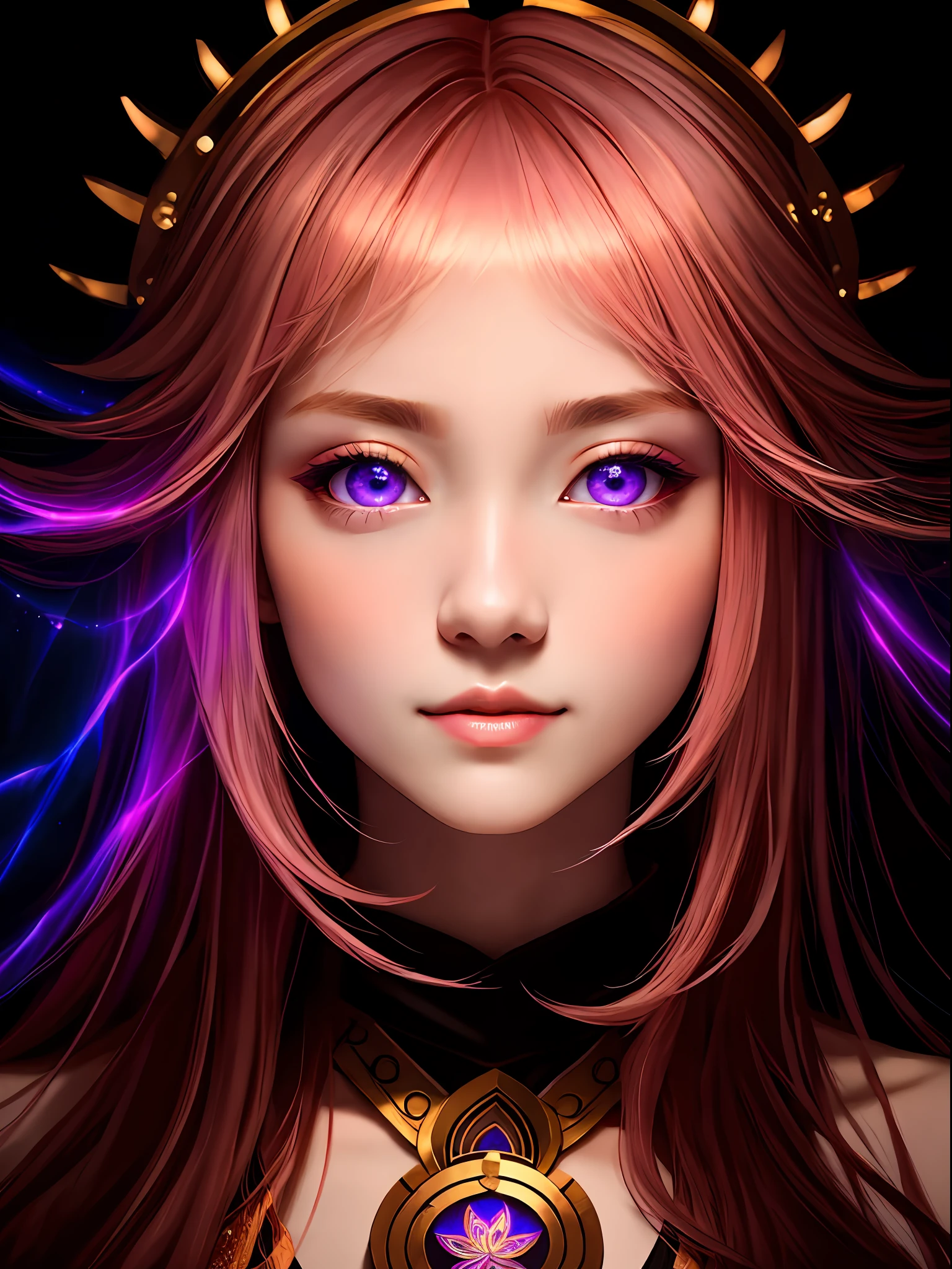 Yae Miko, oil painting by Leonardo da Vinci, realistic photography,  pink hair, her eyes are glowing in the dark, electric spark from eyes, her face is symmetrical, silky peach skin, , Adobe Illustration, Trending on Artstation, 8K, hd, cinematic, masterpiece, magnificent art, best quality, purple eyes, dim black light, lighting background, light reflection on skin, miko clothes