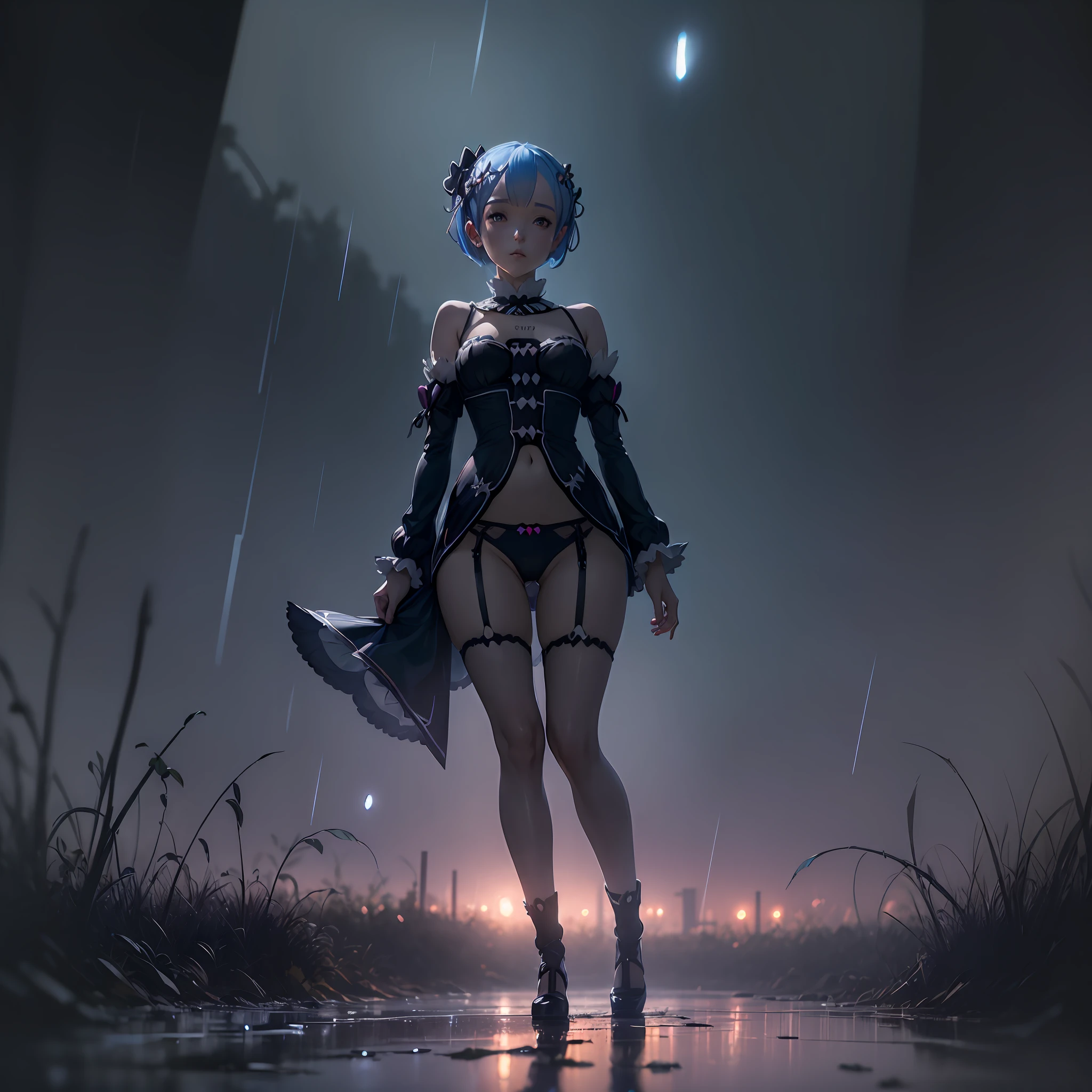 (((Rem from Rezero))) proportional body, Sexy pose Masterpiece ,Best quality, (Micro lingerie), Rain, lighting, silhouette, (Dark ambient), light focus the body, dark abandoned landscape, light particle, dark night, contrast, view from below, deep of view,
