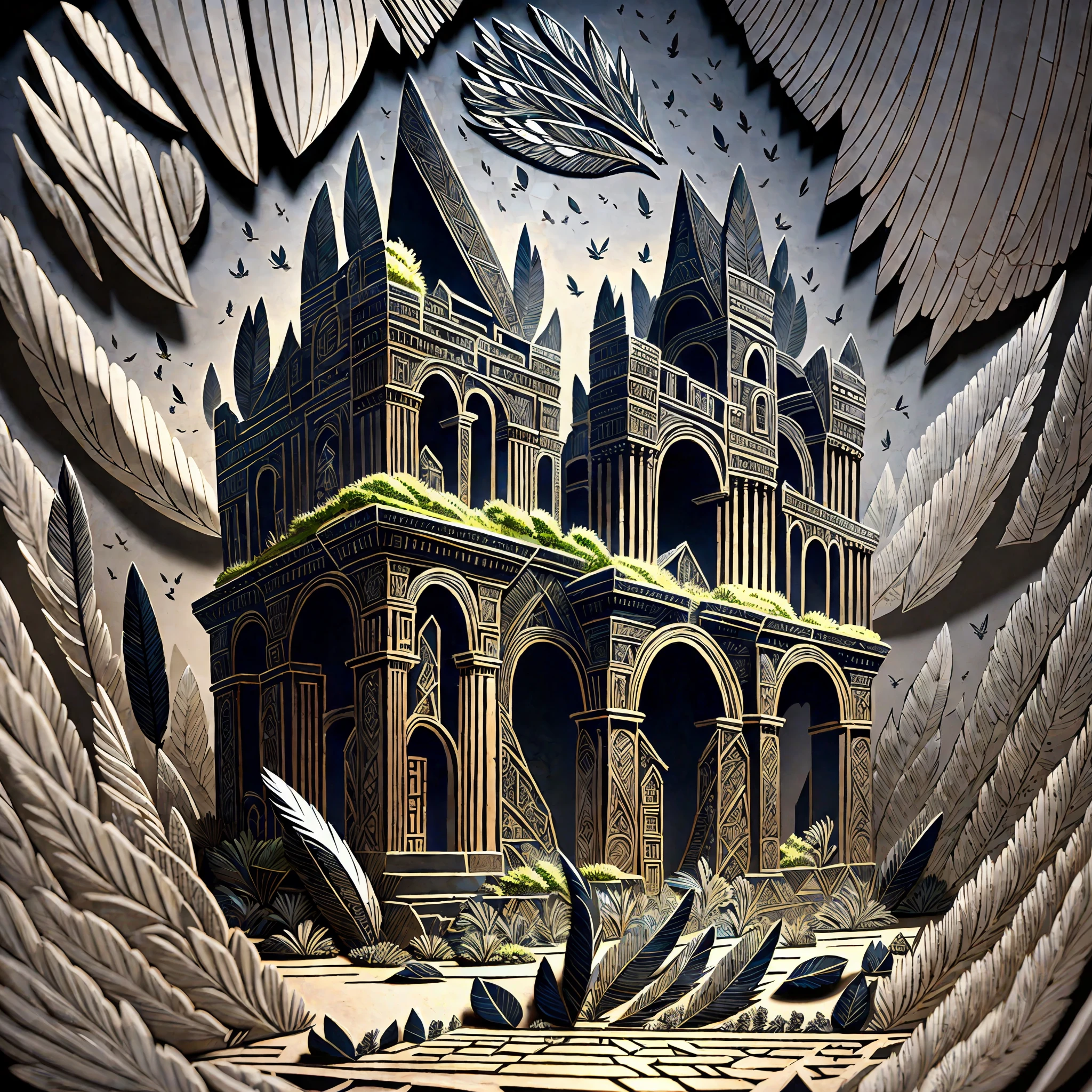 "An ultra-detailed masterpiece dark ruins with intricate details emphasized on the large black feathers. The realism of the image is highlighted by delicate lighting a best-quality and ultra-detailed illustration." --auto --s2