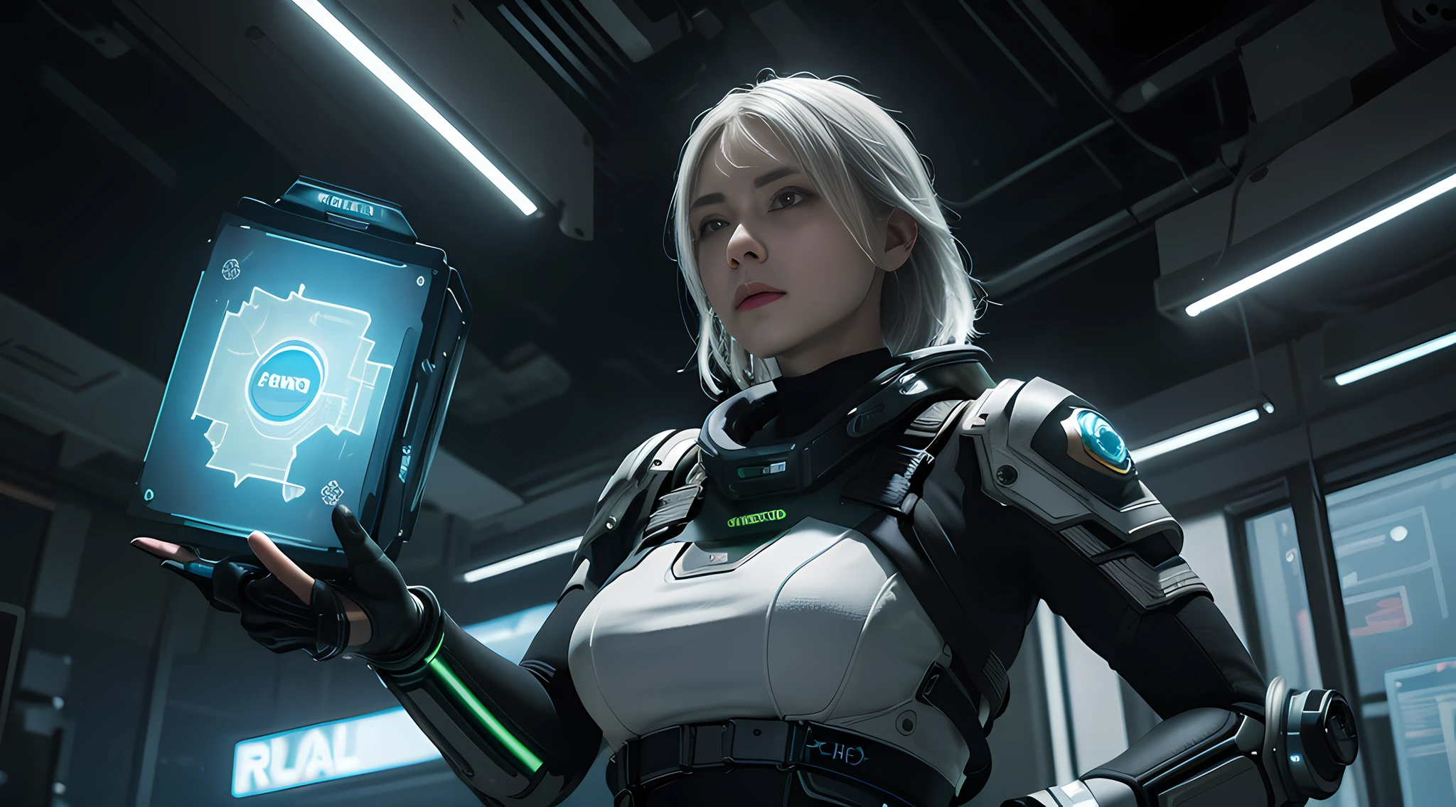 (Best Quality), ((Masterpiece), (Detail: 1.4), 3D, A Beautiful Cyberpunk Woman, HDR (High Dynamic Range), Ray Tracing, NVIDIA RTX, Super-Resolution, Unreal 5, Subsurface Scattering, PBR Textures, Post-Processing, Anisotropic Filtering, Depth of Field, Maximum Sharpness and Clarity, Multi-layer Textures, Albedo and Highlight Maps, Surface Shading, Accurate simulation of light-material interactions, perfect proportions, Octane Render, two-color light, large aperture, low ISO, white balance, rule of thirds, 8K RAW, diverse pose