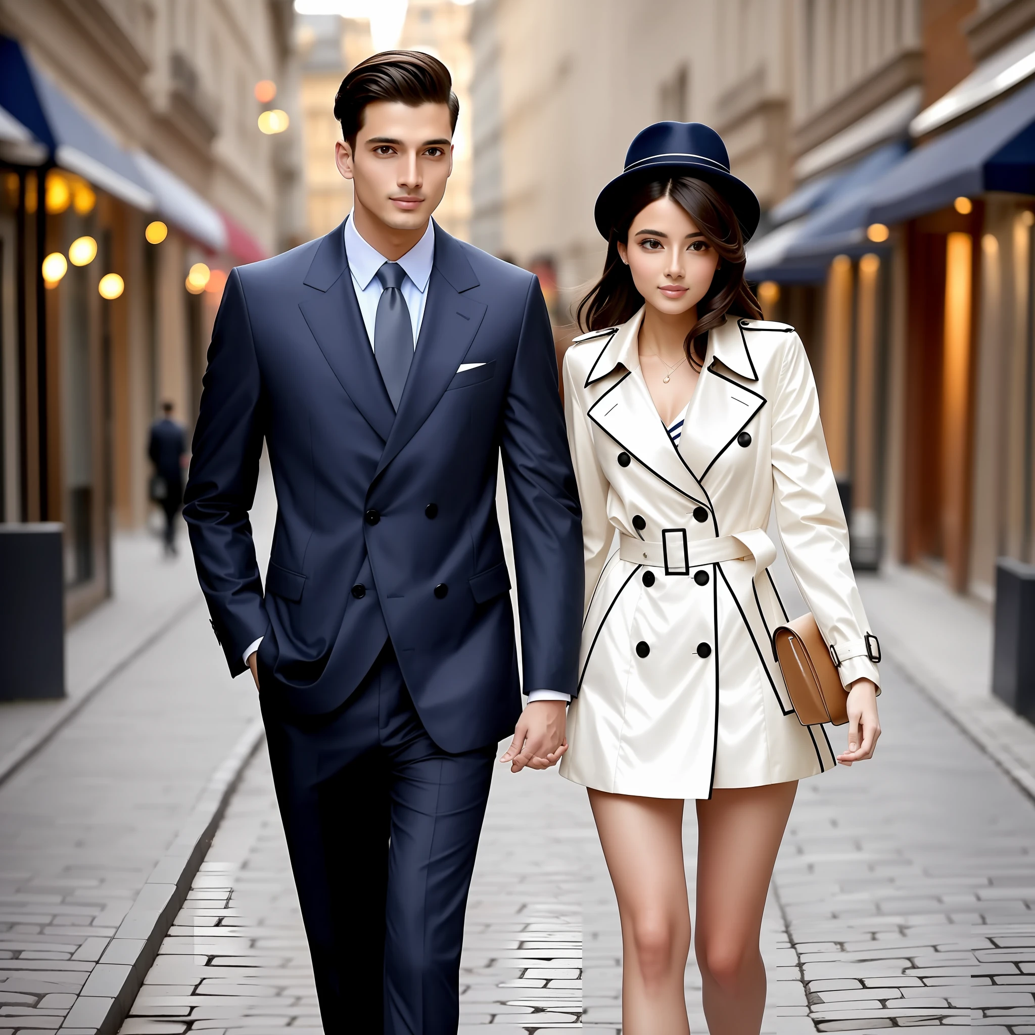 they are walking down the street holding hands, well - dressed, well dressed, dressed in expensive clothes, wearing a suits, trench coat and suit, in city street, couple walking hand in hand, lovely couple, wearing jacket and skirt, short skirt and a long jacket, couple pose, wearing fashion suit, high - end fashion photoshoot, man and woman walking together