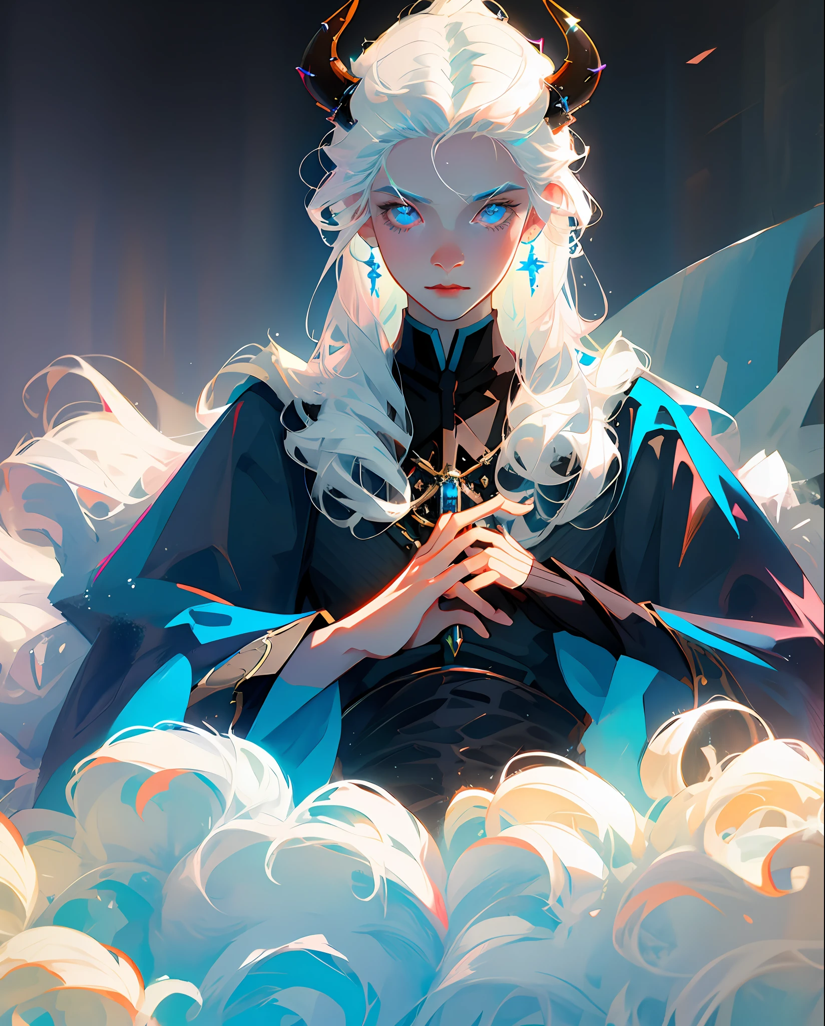 Perfect masterpiece, highest quality, perfect work of art, 8K, illustration, soft pale blue fur, white hair, black pupils, ghost horns, 2 horns, blue eyes, (boy, male, juvenile), bust photograph, gaze at the viewer.