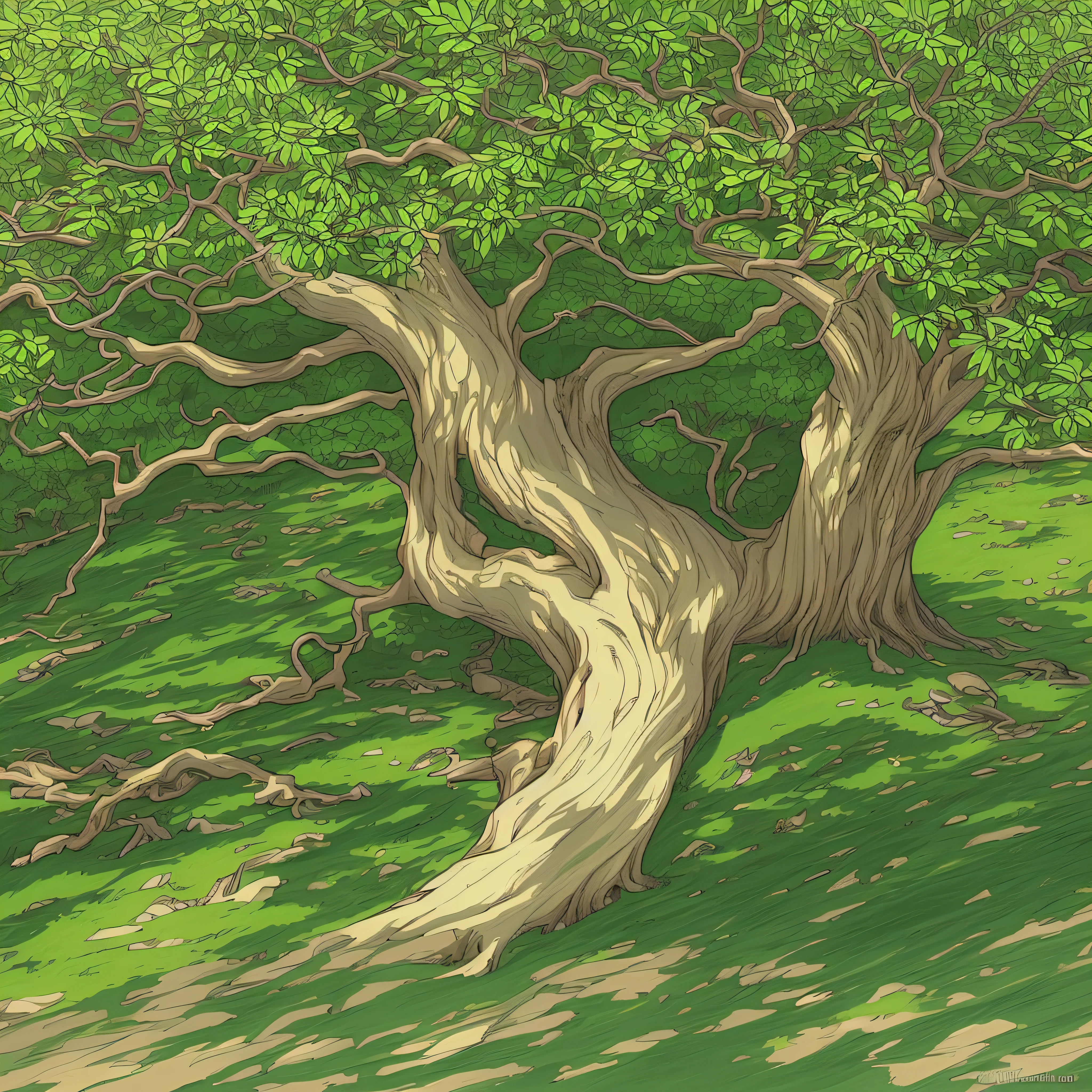 a drawing of a tree with a trunk in a grassy area, ancient tree, old tree, an old elven wood, digital painting highly detailed, low detailed. digital painting, background art, an old twisted tree, painted in anime painter studio, anime background art, background artwork, full color illustration, made of tree and fantasy valley, fantasy tree, large tree