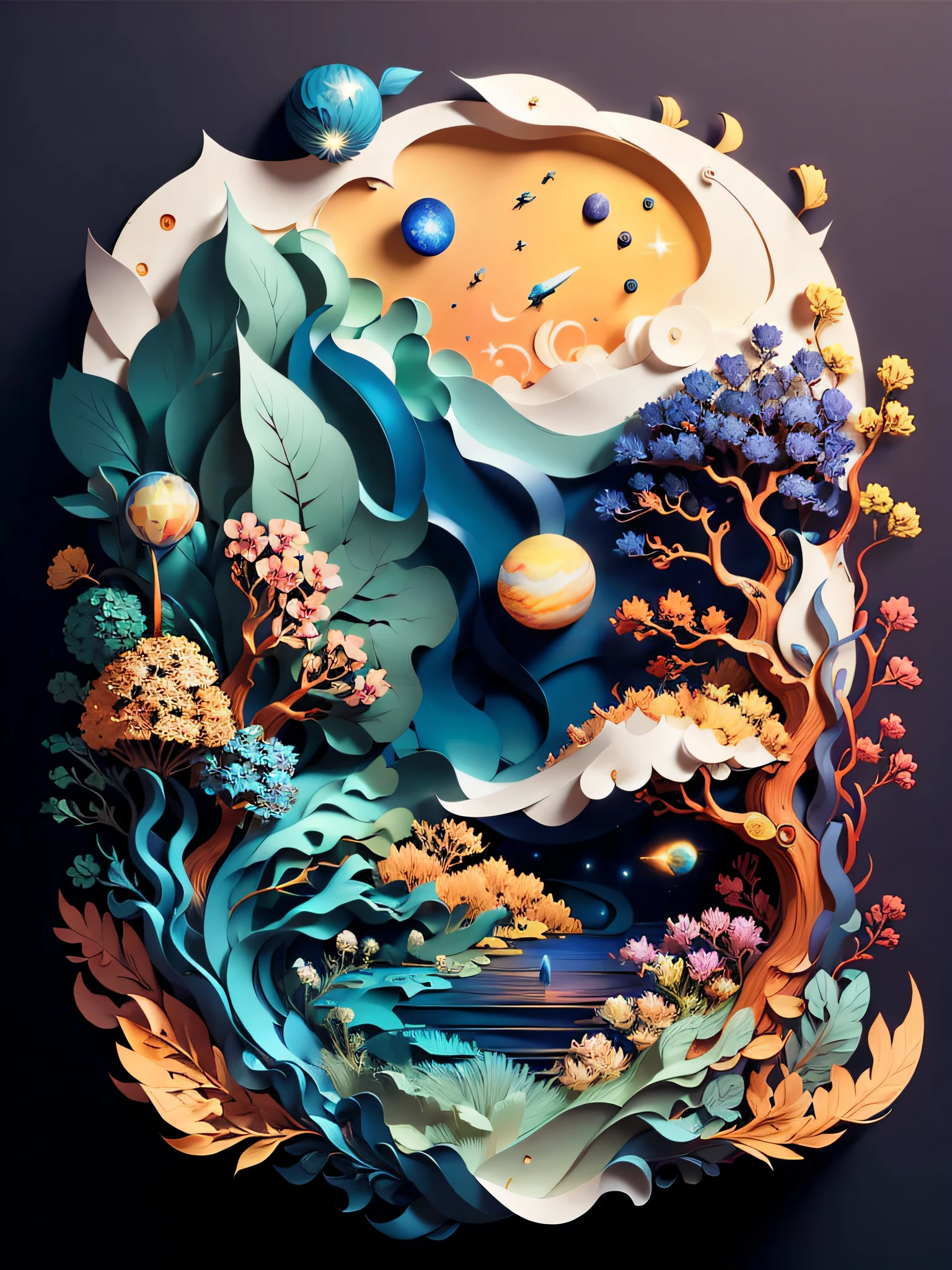 (((masterpiece))),best quality, illustration, earth, water ,fire, wind , space , paper_cut,