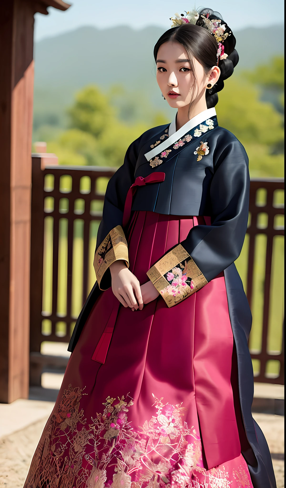 dark Hanok,  (masterpiece), (detailed), (intricate details), (realistic, photo-realistic:1.37),illustration, an extremely delicate and beautiful, extremely detailed, CG,unity, 8k wallpaper, Amazing, finely detail, extremely detailed CG unity 8k, ultra-detailed, highres, extremely detailed, extremely detailed eyes and face, full body, front view, (looking at viewer:1.4), 1girl, (18yo), pale skin, black hair, ponytail, Accessories, hair ornaments, earrings, flower patterns, hanbok,  slender body,