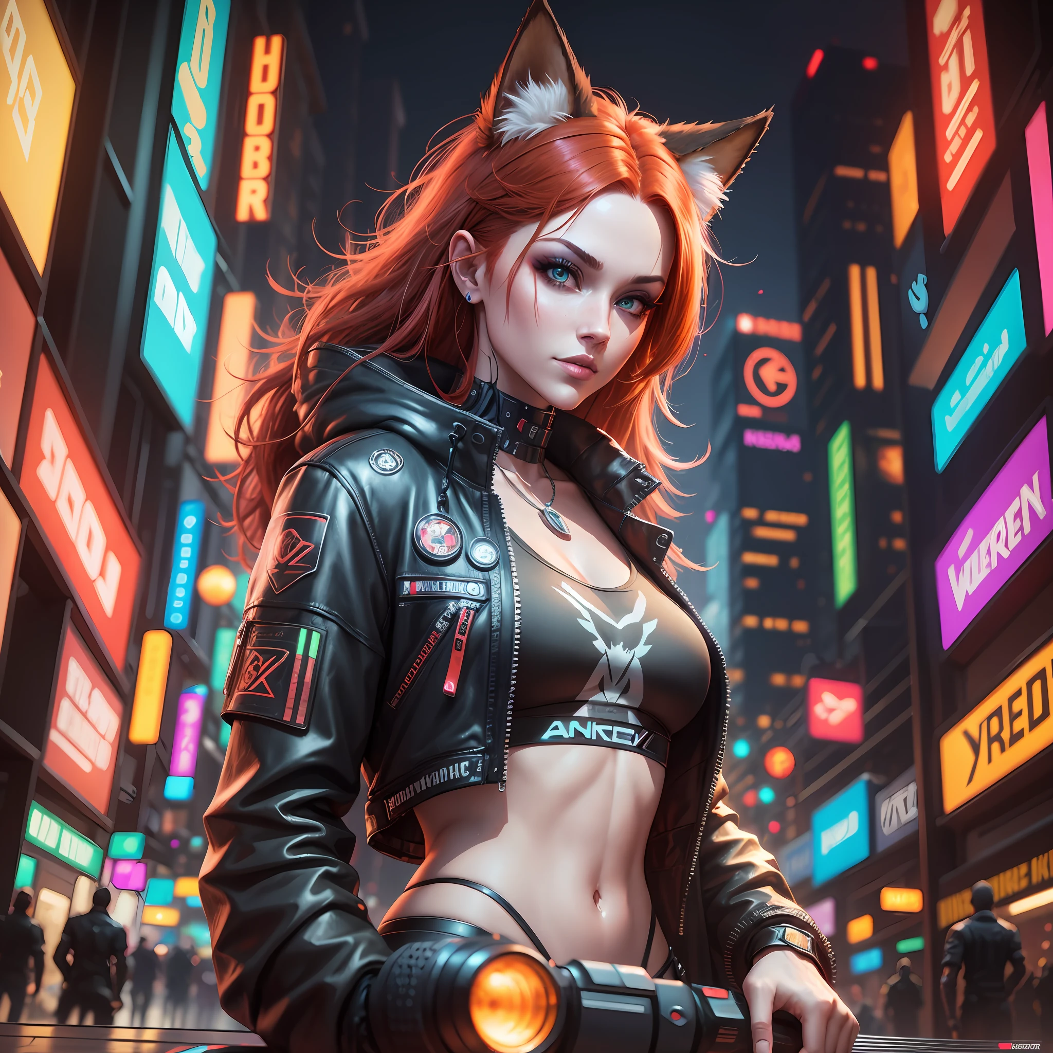 A red-haired fox with honey colored eyes, Cyberpunk style 2077, Cyberpunk Night City, Neon Light, Cyberpunk concept art 2077 --auto --s2