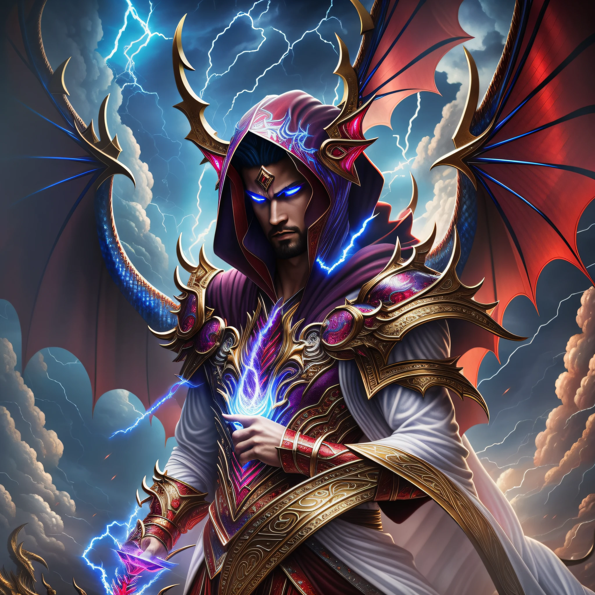 (extremely detailed 8k background image), intricate, rich in detail, dramatic, The Dragon King of the Storm a majestic being of bluish scales and crimson details in his humanoid form, descending from the heavens amid thunderstorm, in his hand a ruby magic scepter, extremely detailed, wearing a White robe, with a lowered hood, adorned by metals and golden artifacts,  A pair of eyes releasing electricity, two majestic wings with highly-detailed red, bluish scales with translucent membranes, insanely realistic graphics, insanely detailed details, RPG-style image, fantasy, insane graphics, in the middle of the skies. --auto --s2