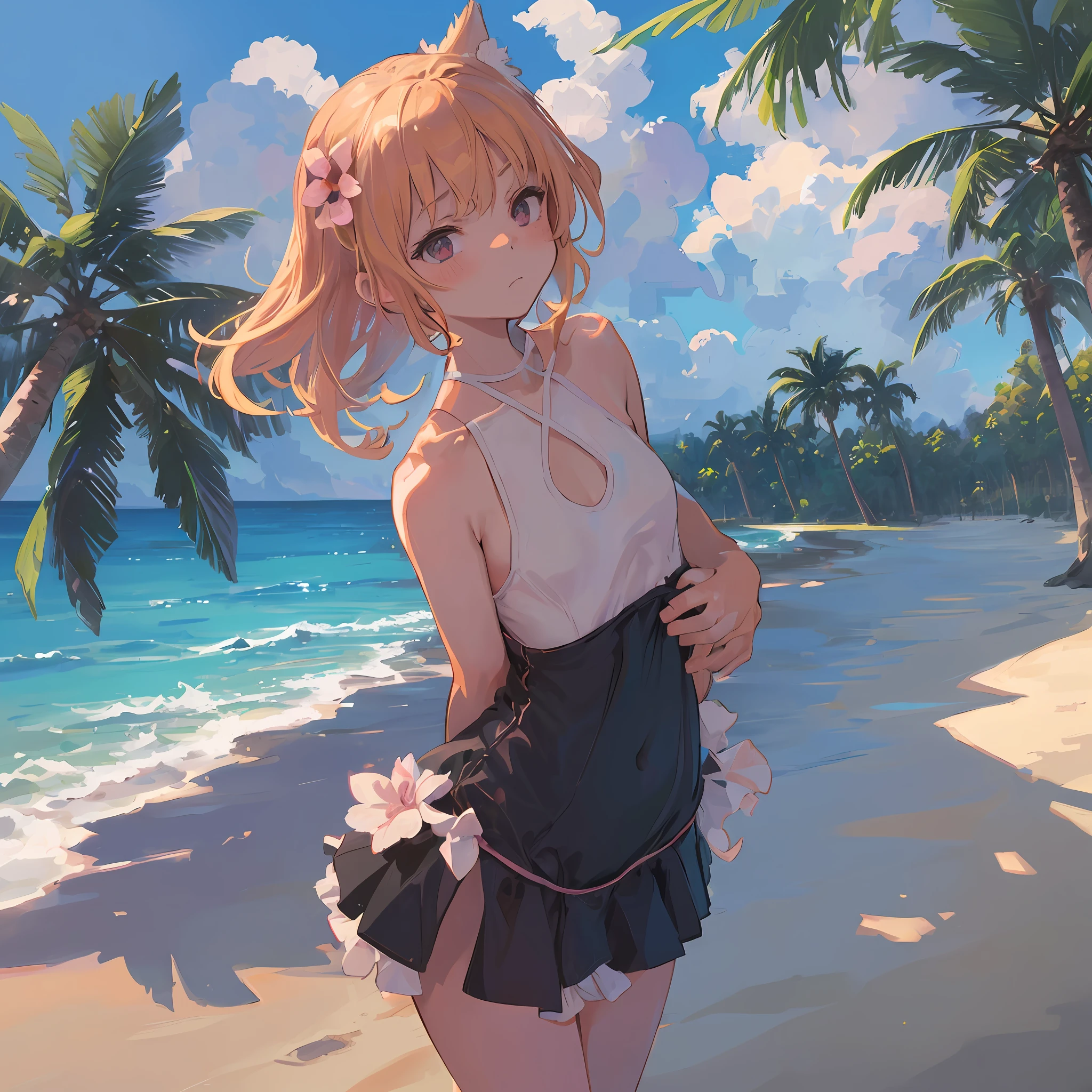 best quality, masterpiece, 1girl, (straight-on:1.3), bare shoulders, blush, small_breasts, casual one-piece swimsuit, outside, beach, horizon, on water, frilled swimsuit, hair flower, halterneck, sunlight, palm_tree, (arm behind back, own arm grab:1.3), (> <, embarrased:1.2), (shadow:1.2)