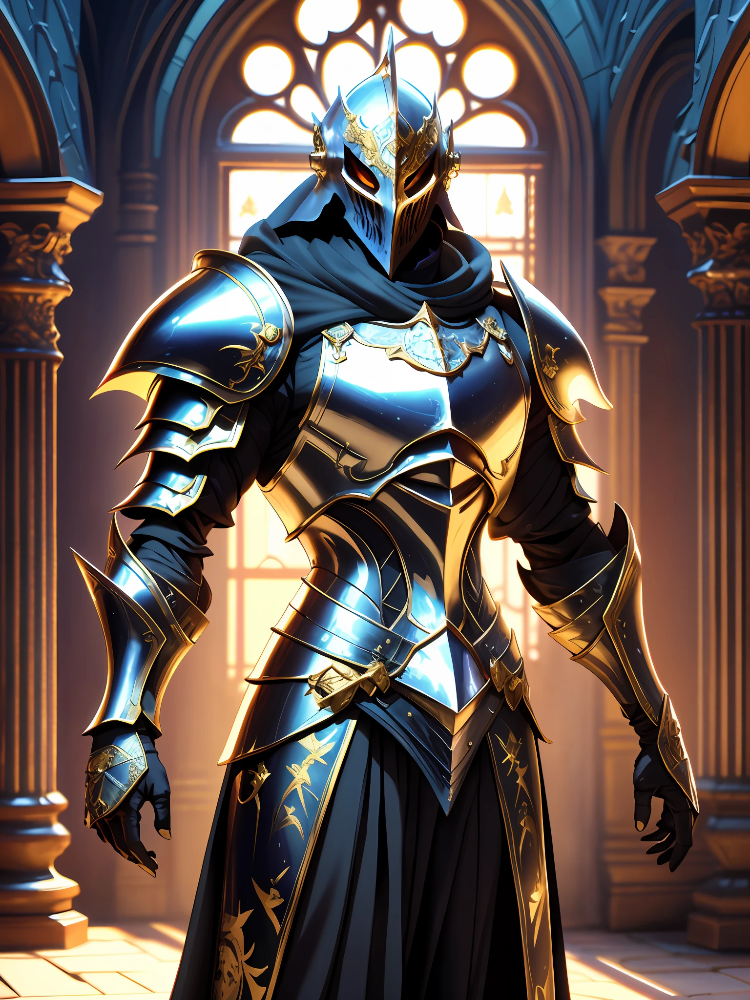 masterpiece, best quality, (realistic), full body, Knight, dark souls in classic 80s movie, dark fantasy, 80's, classic movie style, retro, vintage filter, (gothic architecture), highly detailed armor, black with golden details, extremely detailed 8K, high resolution, ultra quality, true light, global lighting, real hair movement, realistic light, realistic shadow, hd, 2k,  4k, 8k, 16k, side look, (shortening), (dark), brightness, Iridescent, soft light, dream light