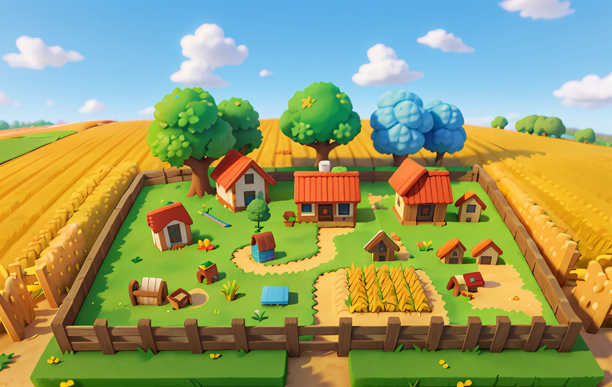 (Micro farm landscape), (isometric: 1), cartoon style, (sandbox game style), (white background), best quality, wheat field, lights, clear sky, outdoor, landscape, clouds, sky, grass,3D, 8k, HDR, HD, movie grain. Blue sky, white clouds, small trees, clean background