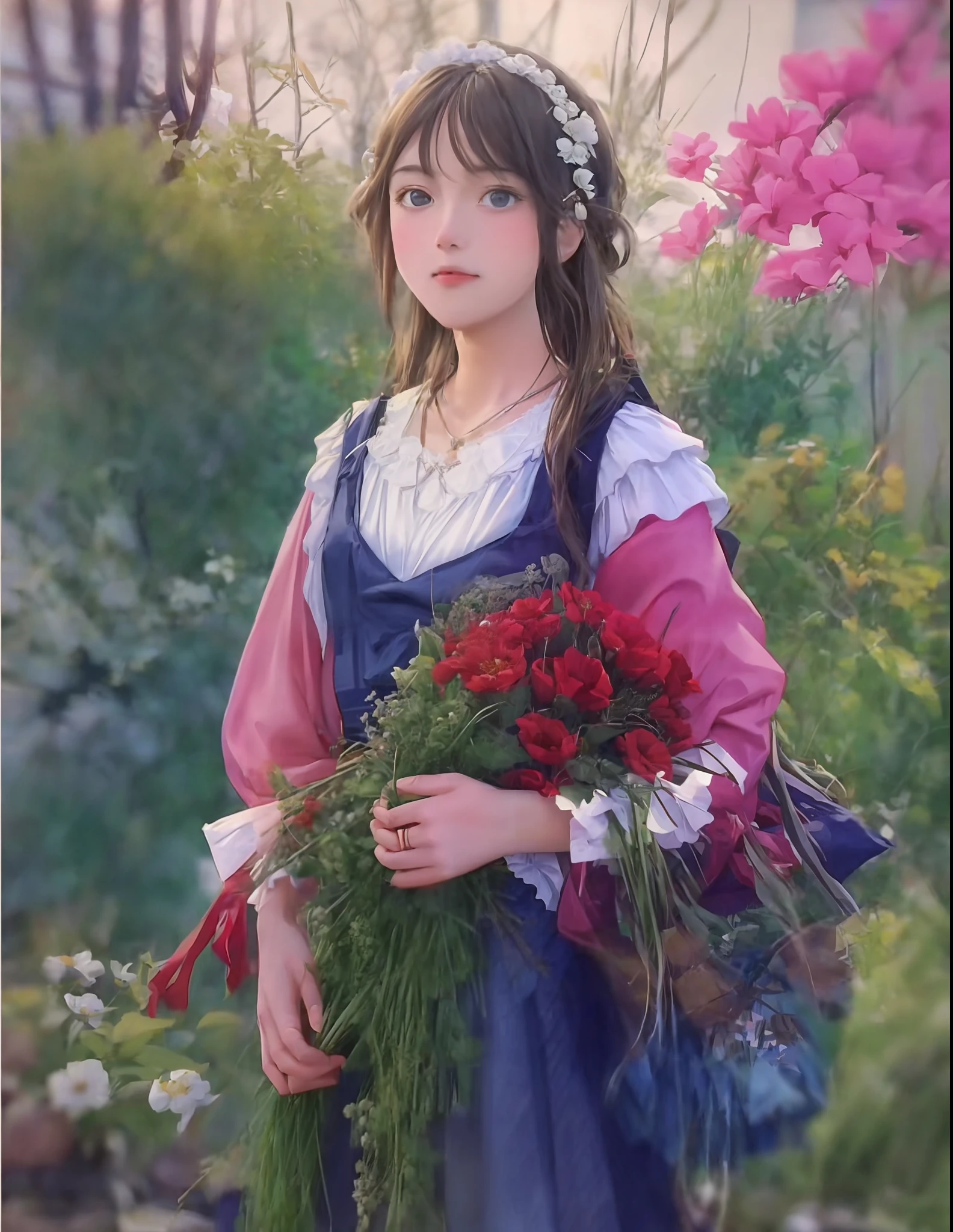 painting of a girl holding a bunch of flowers in her hands, inspired by Adolf Hirémy-Hirschl, by Adolf Hirémy-Hirschl, inspired by Ludwig Knaus, mihaly munkacsy, inspired by Marie Krøyer, art of emile eisman - semenowsky, by Marie Krøyer, hans zatska