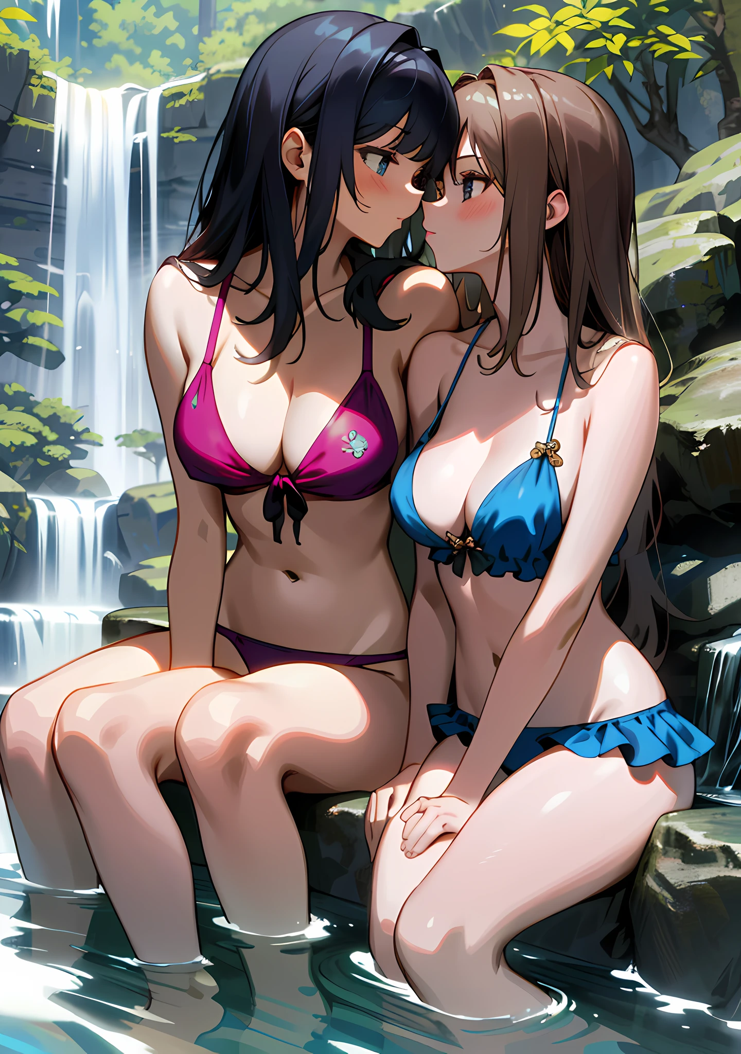 "Gorgeous and high-quality, highly detailed masterpiece that features two charming girls in bikini sitting near a waterfall. Creating a intimate atmosphere." medium breasts, (beautiful nipple slip), cleavage, kissing