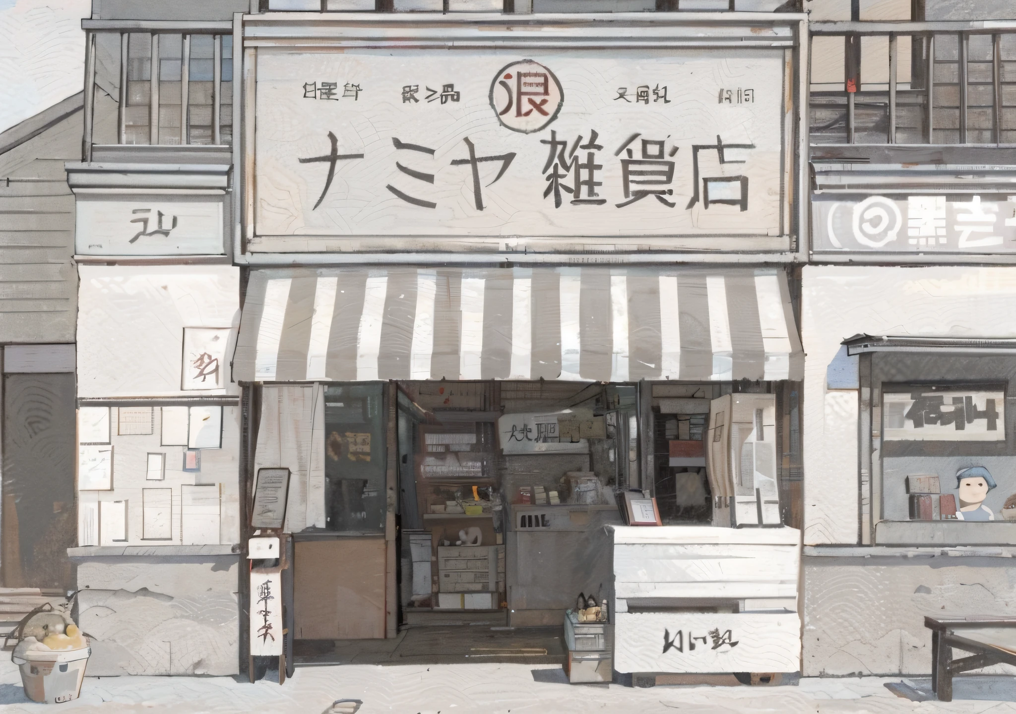 drawing of a storefront with a sign that says chinese, storefront, in front of ramen shop, lo-fi illustration style, by Sengai, opening scene, lofi, convenience store, shop front, store, by Kamagurka, old japanese street market, lofi album art, けもの, nostalgic melancholic artwork