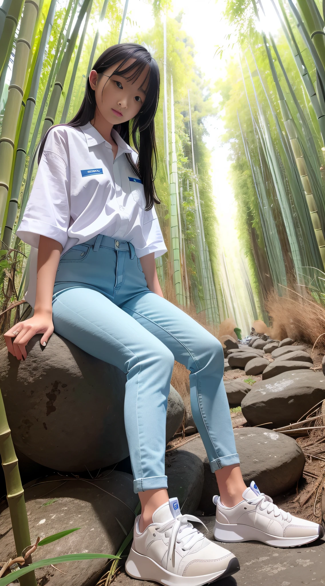 A long-legged girl wearing a soaked white school uniform, blue skinny denim trousers and sneakers sits on a large rock inside a bamboo forest