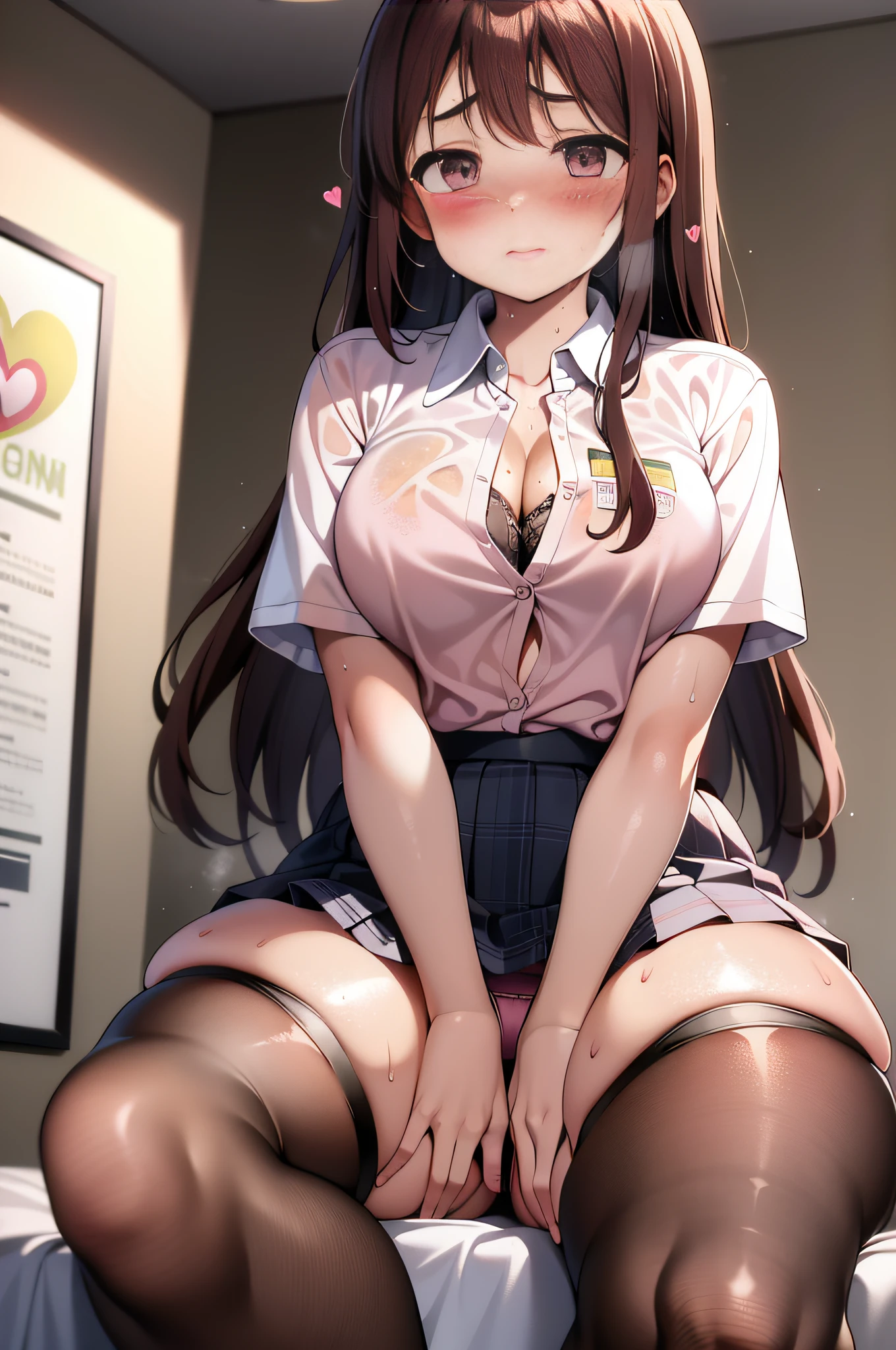 1 girl, Masterpiece, Best quality, Medium full shot, Brown longhair, (unbuttoned school uniform), cleavage, (bra), (panties), (blush:1.5), (sweaty:1.4), night, sitting on bed and spreading legs wide, ((heart-shaped eyes)), subjective, from below,see-through