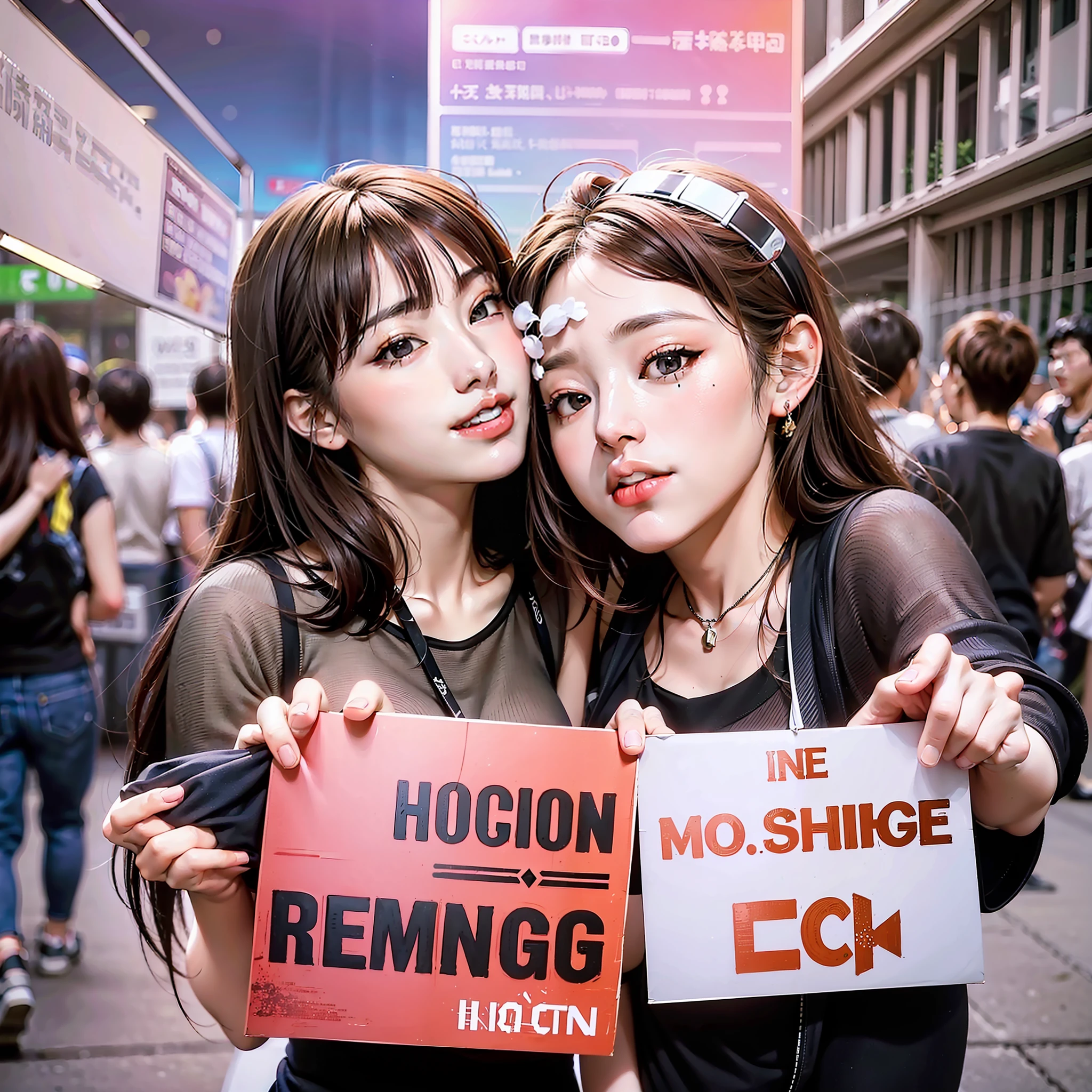 Create high-resolution (8k) image with a couple kissing on the right, two friends on the left, and both groups holding signs facing the camera.