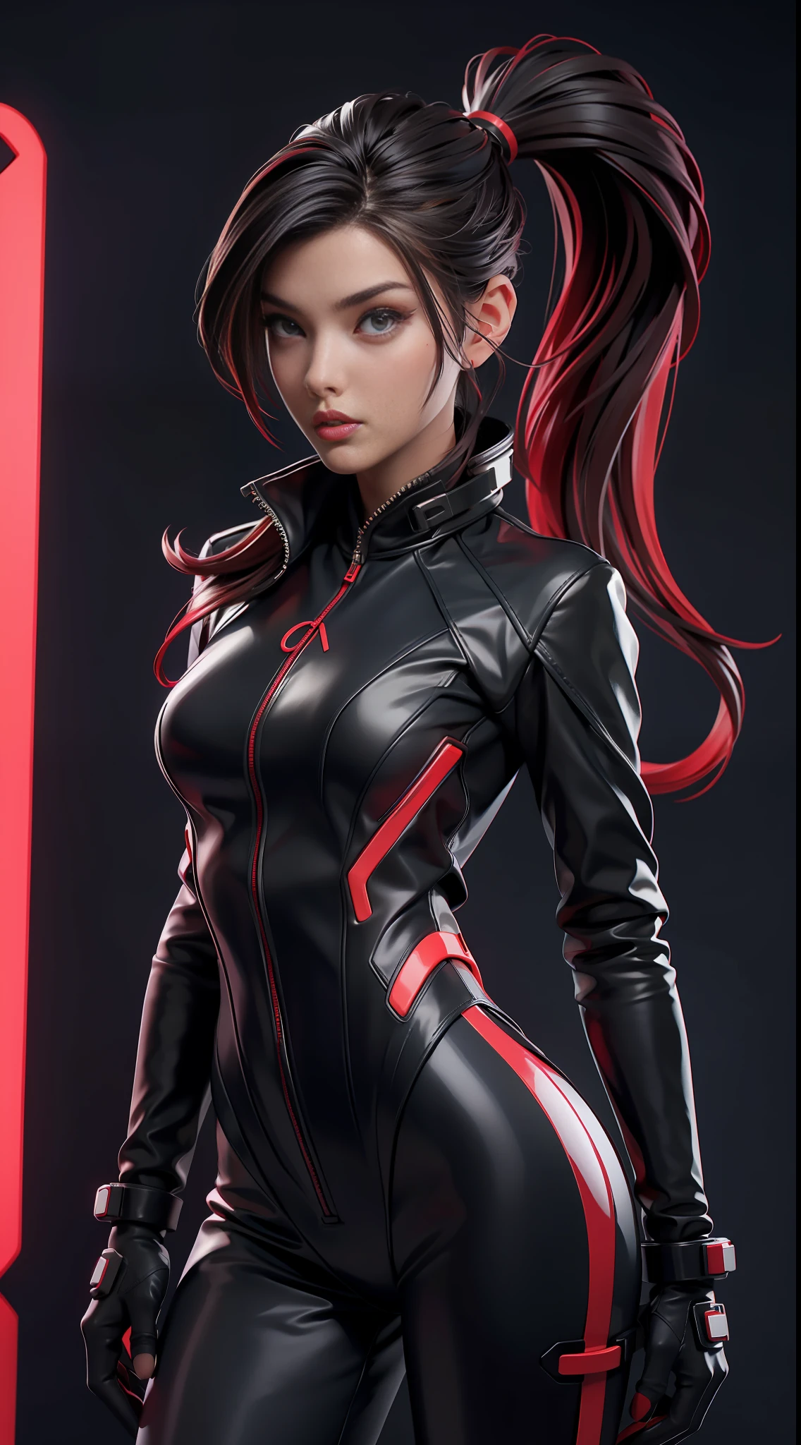 solo, super fine photo, portrait Unreal Engine 5 8K UHD of beautiful and cute girl, ponytail hair, dark red and black color scheme tight cybernetic latex catsuit, black long leather jacket outwear, cybernetic glove, futuristic design, crimson neon lights details, beautiful make up, luxurious, best quality, masterpiece, official art, unified 8k wallpaper, super detailed, sharp focus, dynamic pose, body parts