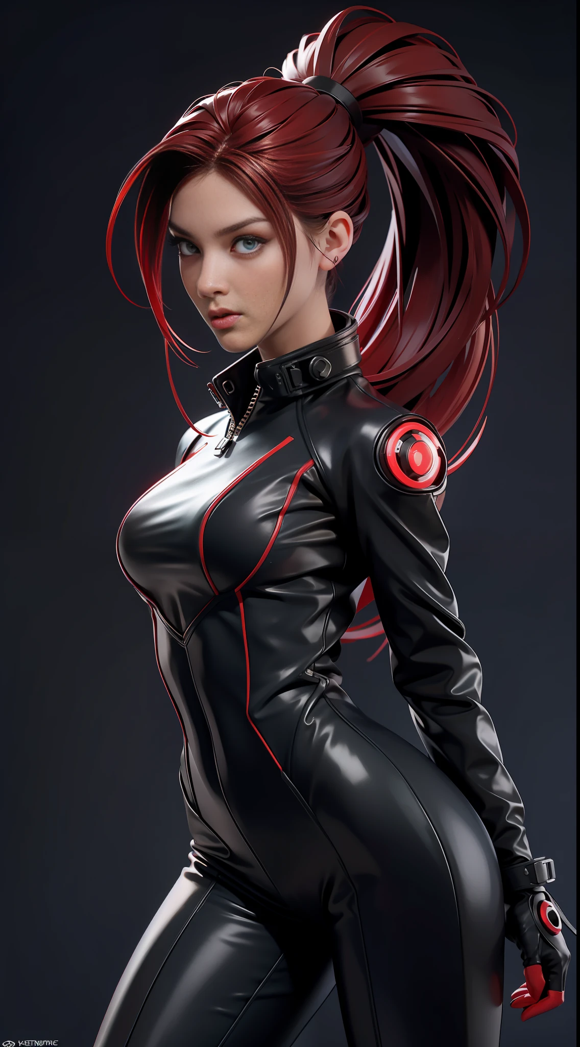 solo, super fine photo, portrait Unreal Engine 5 8K UHD of beautiful and cute girl, ponytail hair, dark red and black color scheme tight cybernetic latex catsuit, black long leather jacket outwear, cybernetic glove, futuristic design, crimson neon lights details, beautiful make up, luxurious, best quality, masterpiece, official art, unified 8k wallpaper, super detailed, sharp focus, dynamic pose, body parts