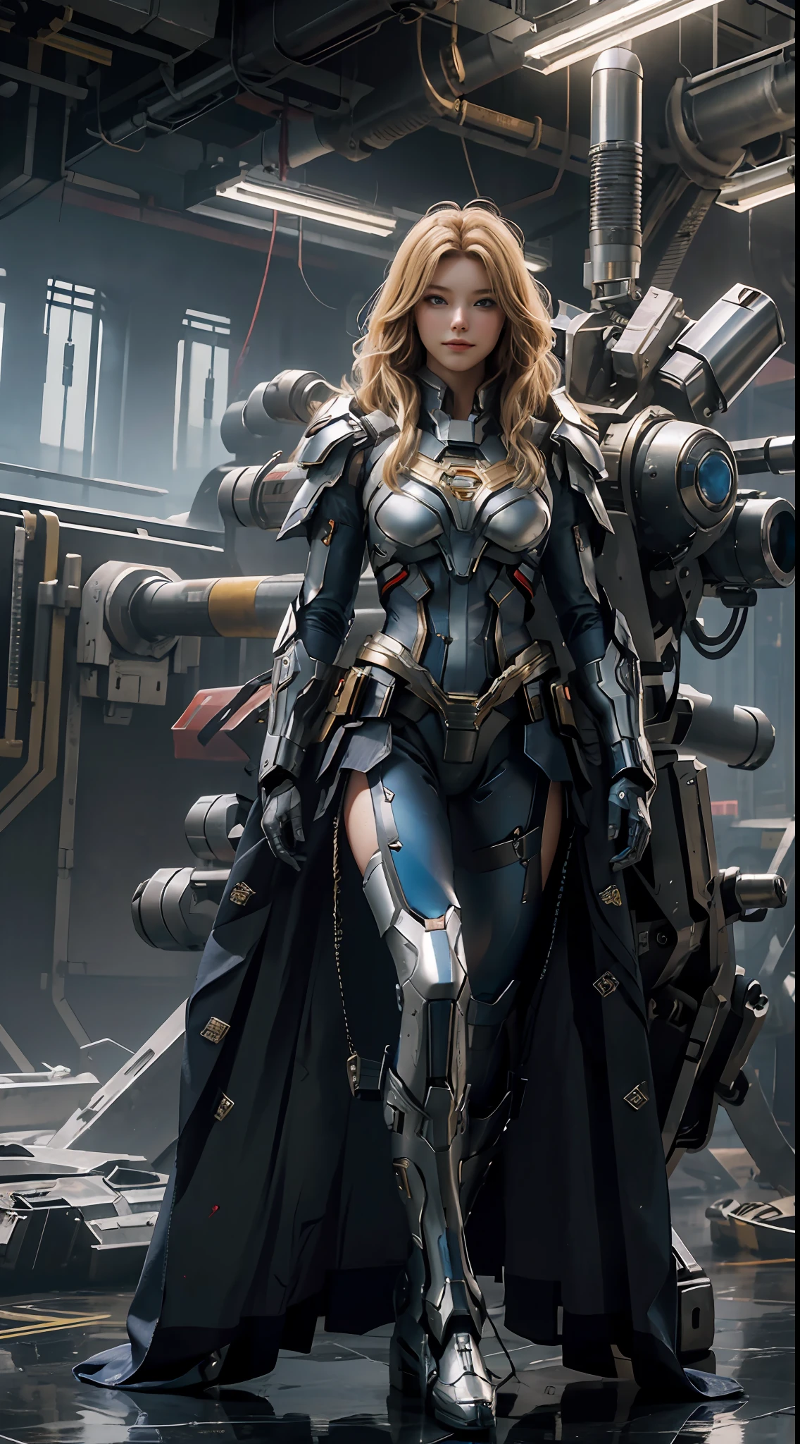 Supergirl masterpiece, (best quality), highly detailed, ultra-detailed, 1Supergirl, (mechanicalwings: golden, glowingeyes: blue, silverarmor: 1.2, elongated ears: 0.8), (cyberpunkcity: 1.5, weapon: energyblade), (fantasylandscape: 1.2, natural lighting: 1.5, confidentexpression), (panorama: 1.2), blue and red mecha, blonde, smile, blue eyes, angle, angels, wings, wearing Superman's S on his chest.