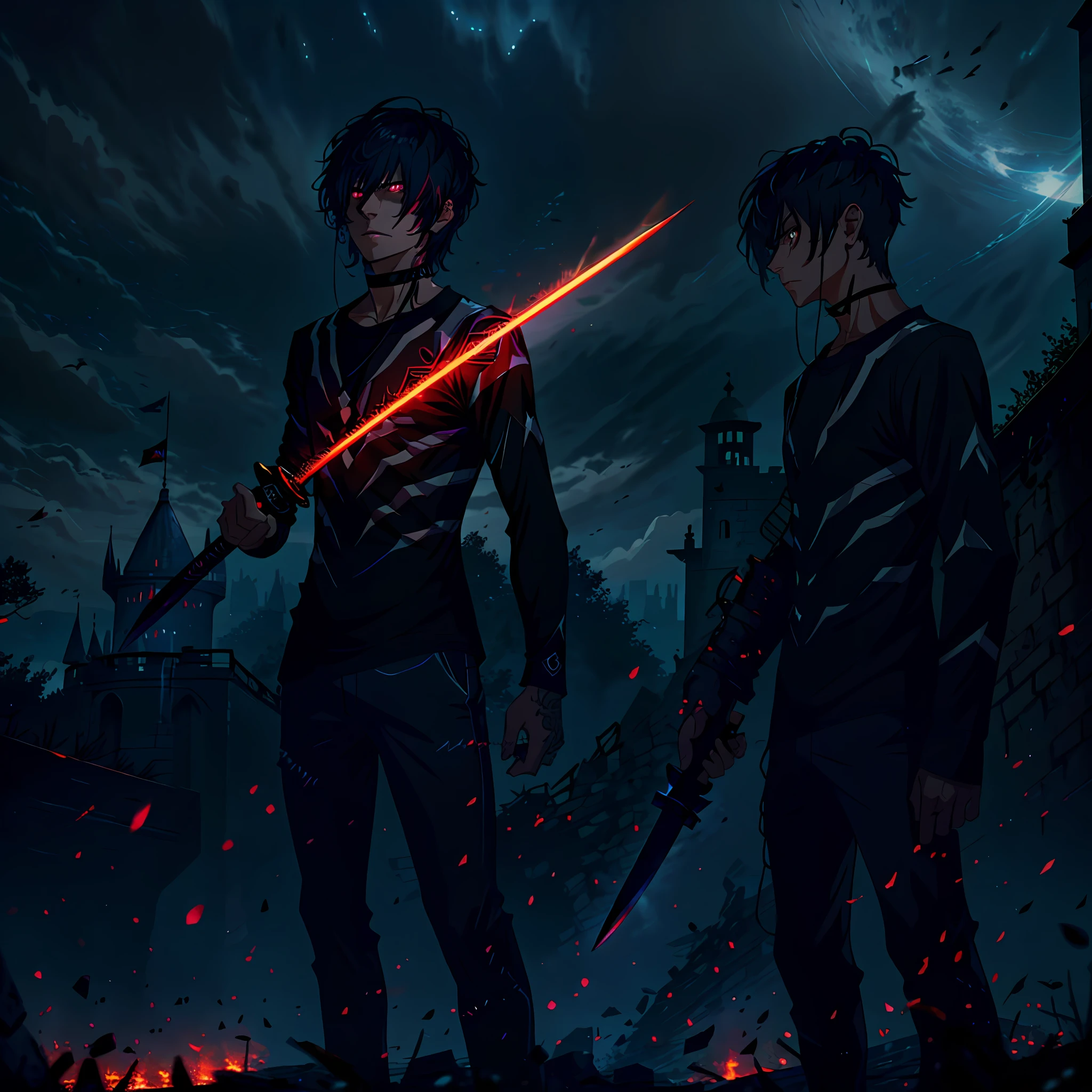 black hair, messy hair, short hair, undercut, neck tattoo, arm tattoo, chest tattoo, muscular constitution, black tunic with long sleeves, black pants glued, wielding a sword, medium sword, sword with black handle and vibrant red hand guard, metallic gray blade, vibrant eye color, yellow and red eye, close up shot, creating a cut in space time,  powerful aura, destroyed castle, very dark, night, 8k, 64k, HD, incomparable masterpiece, dynamic lighting, cinematic, epic digital art of the highest quality, stunning art, 4k wallpaper