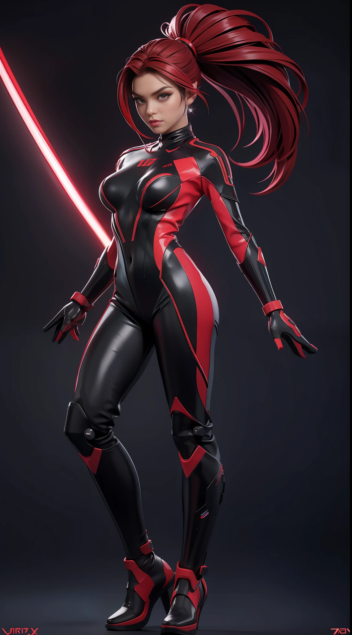 solo, super fine photo, full body picture Unreal Engine 5 8K UHD of beautiful and cute girl, ponytail hair, dark red and black color scheme tight cybernetic latex catsuit, cybernetic glove, futuristic design, crimson neon lights details, beautiful make up, luxurious, best quality, masterpiece, official art, unified 8k wallpaper, super detailed, sharp focus, dynamic pose, body parts
