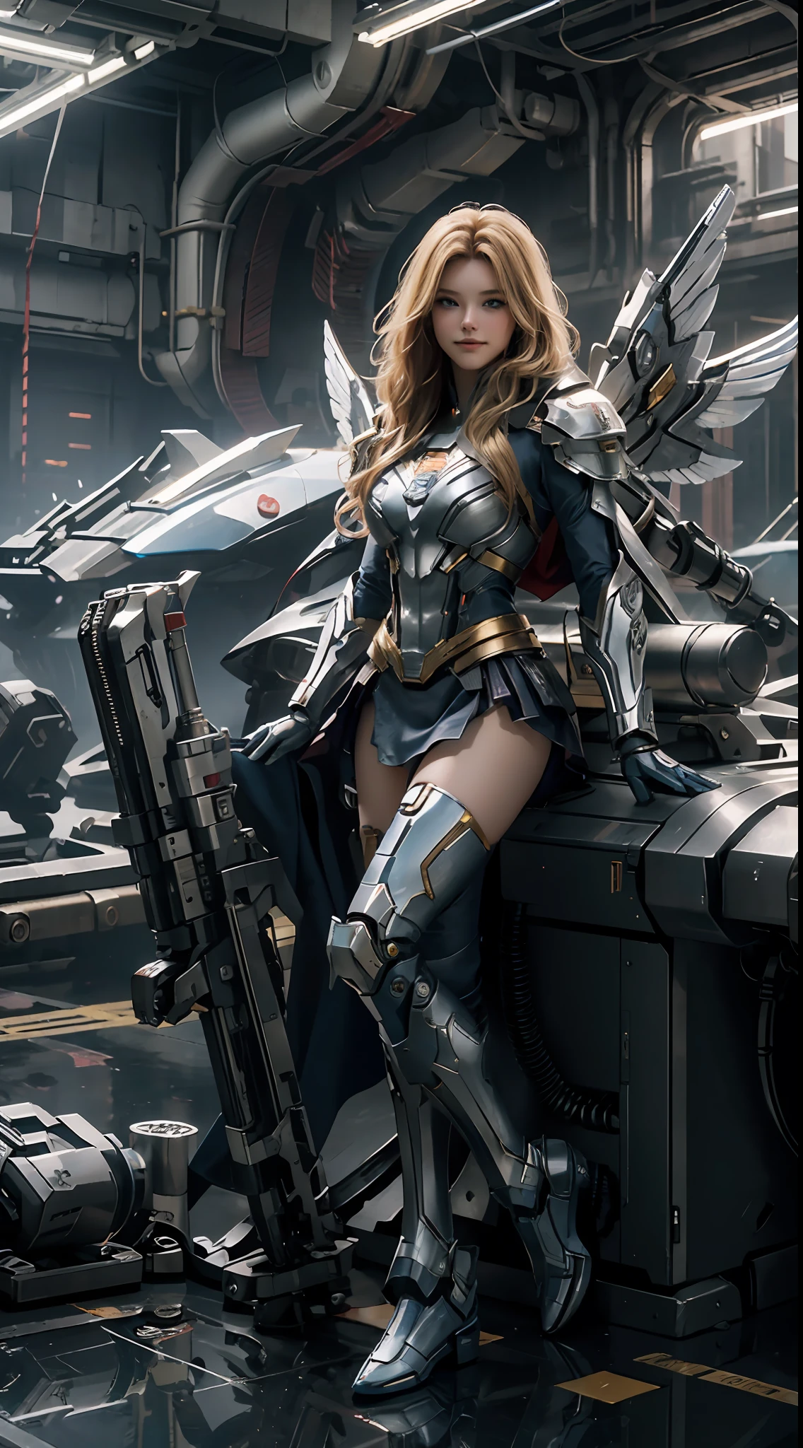 Supergirl masterpiece, (best quality), highly detailed, ultra-detailed, 1Supergirl, (mechanicalwings: golden, glowingeyes: blue, silverarmor: 1.2, elongated ears: 0.8), (cyberpunkcity: 1.5, weapon: energyblade), (fantasylandscape: 1.2, natural lighting: 1.5, confidentexpression), (panorama: 1.2), blue and red mecha, blonde, smile, blue eyes, angle, angels, wings, wearing Superman's S on his chest.