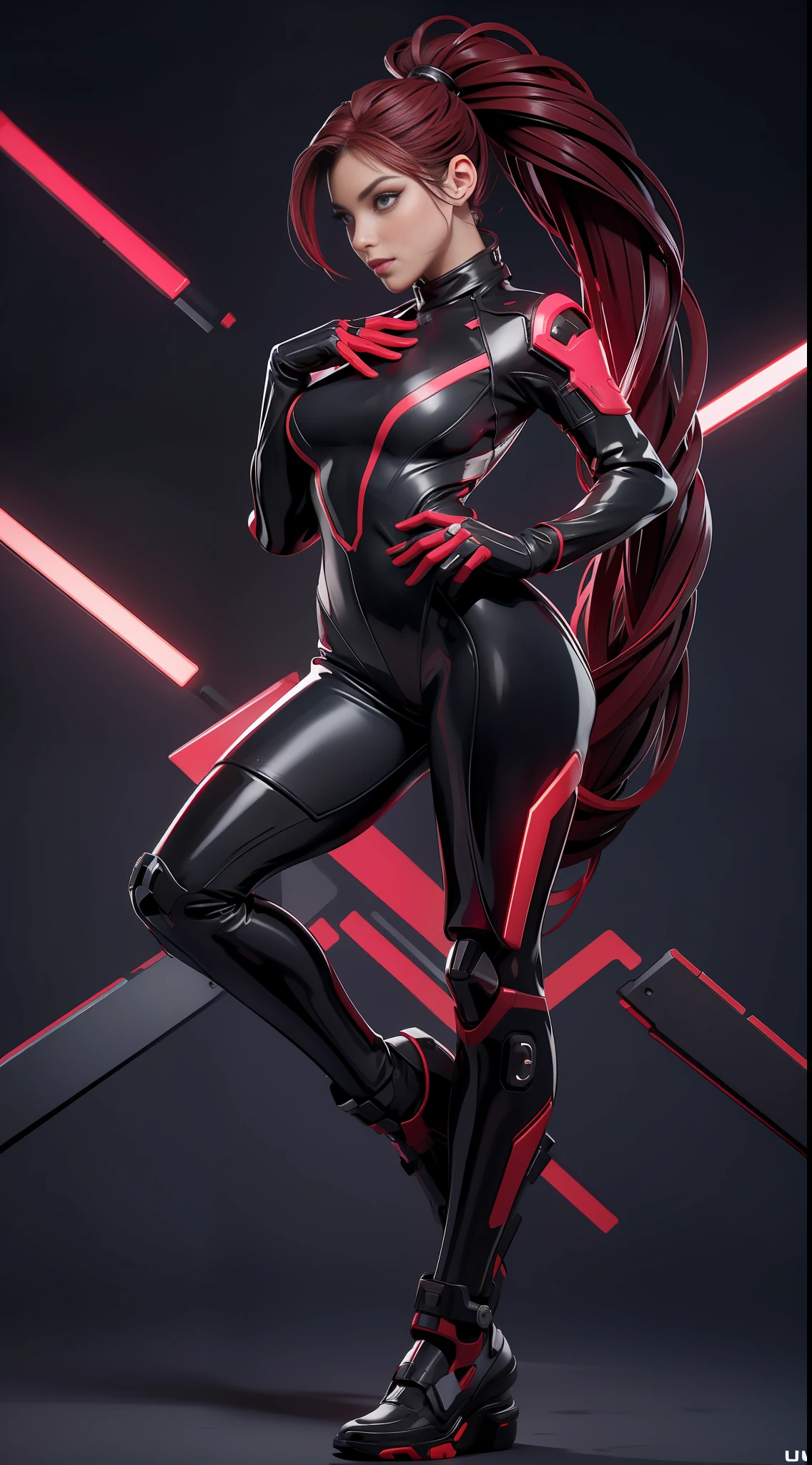 solo, super fine photo, full body picture Unreal Engine 5 8K UHD of beautiful and cute girl, ponytail hair, dark red and black color scheme tight cybernetic latex catsuit, cybernetic glove, futuristic design, crimson neon lights details, beautiful make up, luxurious, best quality, masterpiece, official art, unified 8k wallpaper, super detailed, sharp focus, dynamic pose, body parts