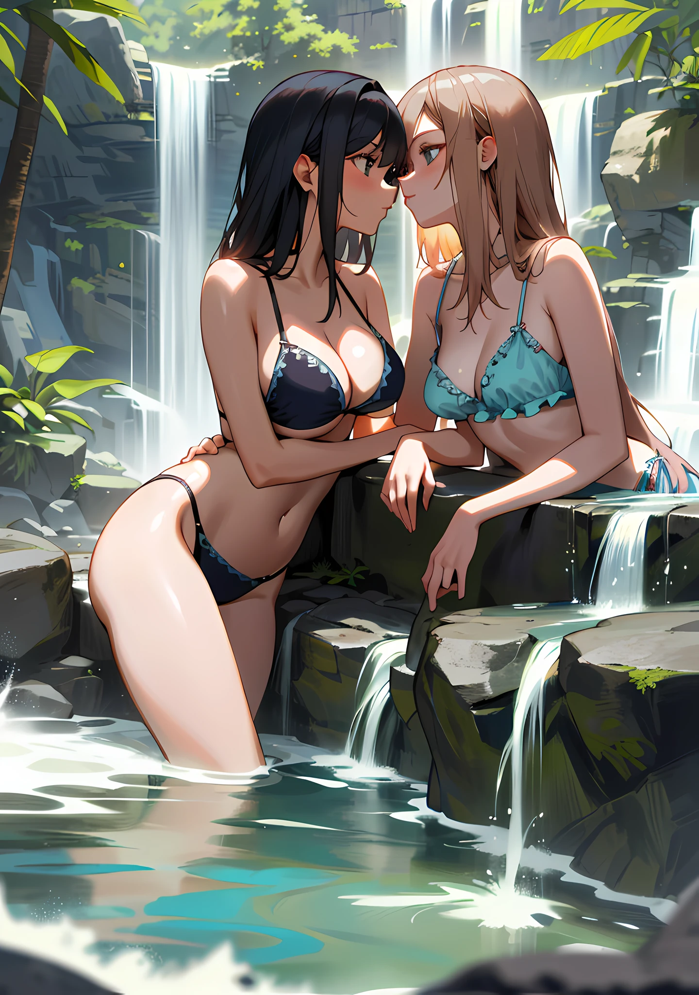"Gorgeous and high-quality, highly detailed masterpiece that features two charming girls in bikini sitting near a waterfall. Creating a intimate atmosphere." medium breasts, (beautiful nipple slip), cleavage, kissing