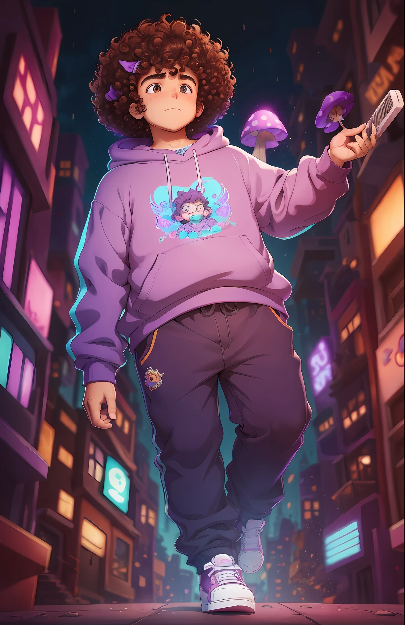 stylized in a cool psychedelic anthropomorphic city scene, 18 year old boy, curly hair, he is kinda chubby and wears a purple sweatshirt, the boy is floating in the air, mushroom , Cartoon, fantasy Wolrd, estilo matue, The boy must be well cartoonized, He has an angry face, and his curls are more focused on top, short curly hair, and he is a little more chubby --auto --s2