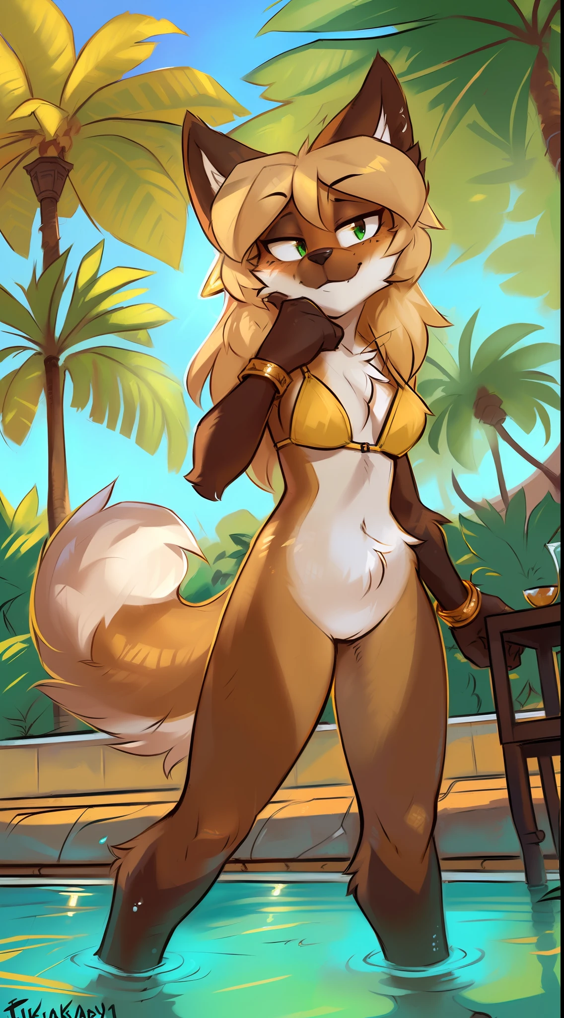 uploaded on e621, (((by fluff-kevlar, by Zackary911, by Kenket, by Kilinah, by fluff-kevlar))), solo female (((Averi))), Fox girl, wear (((golden wristband and jewelry and golden bikini))), (detailed fox Averi), (detailed lighting), (detailed fur), (detailed breasts), (detailed skin), BREAK, ((standing at hotel suite outdoor swimming pool with plant on sunny day)), (cinematic lighting), ((detailed background)), ((depth of field)), (half body shadow), ((looking at viewer)), (low-angle view), ((three-quarter view)), [backlighting], [detailed ambient light], [gray natural lighting], [ambient light on the belly], [realistic proportions], [explicit content, adult, nsfw], [sharp focus], (questionable content), (shaded), (hi res), ((masterpiece)), half-closed eyes