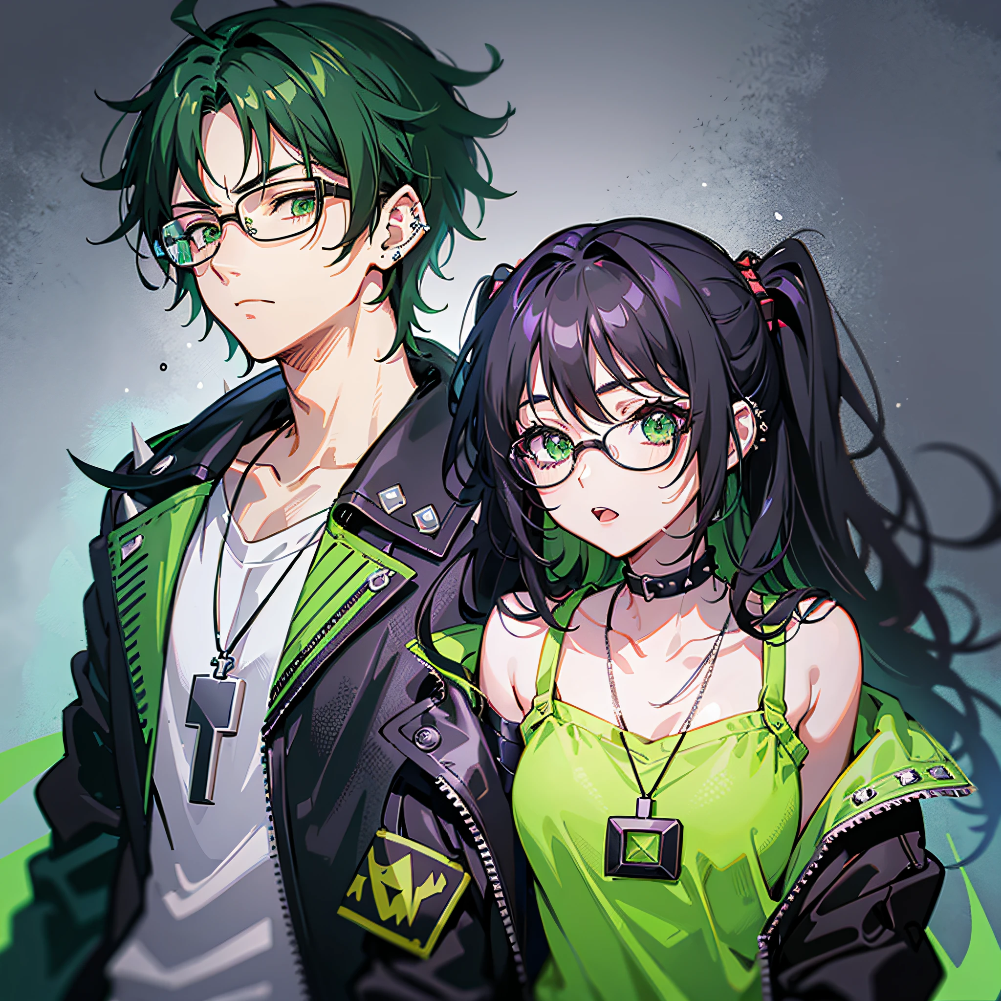 Anime young adult guy, messy spiky wavy black hair, thick-rimmed black square glasses, black jacket, bright green shirt, green eyes, chain necklace with silver star pendant, both ears pierced, Halfbody, with anime young adult anime girl, couple
