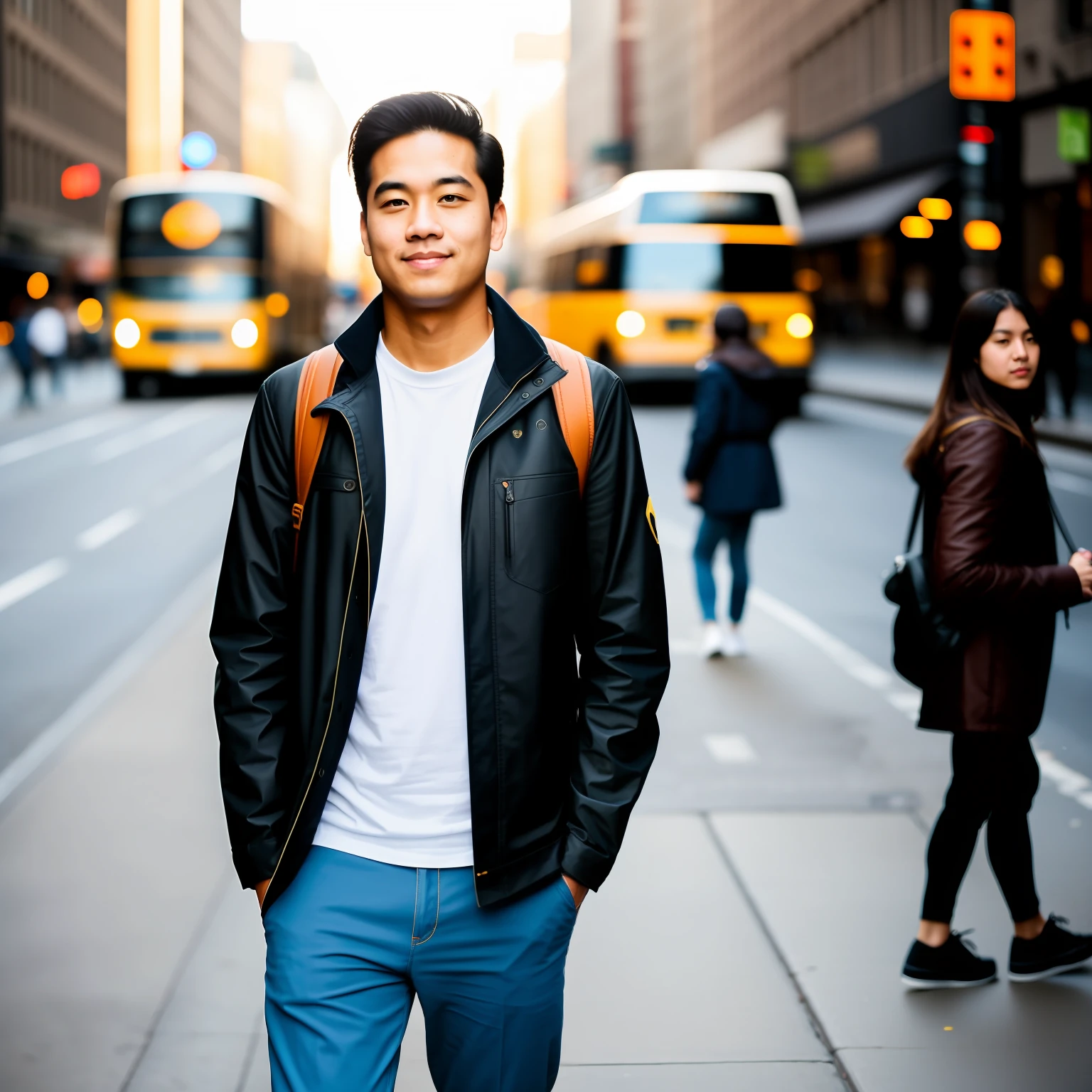 "Imagine a photo of a man casually walking down a busy New York City street, captured with a Canon EOS 5D Mark IV with an aperture of f/1.8, a shutter speed of 1/200 and ISO 100. He is dressed in a jacket jeans and khakis, with a pair of white sneakers. His brown hair is a little windblown, and he has a relaxed expression on his face. He's carrying a black leather backpack over one shoulder. The street is lined with tall buildings brick, and the sidewalk is full of people of all ages and walks of life. There is a yellow taxi passing by on the street. The scene is in the soft light of sunset, creating a beautiful effect of light and shadow. The scene it should look like it was captured with a high-quality DSLR camera, in an ultra-photorealistic style with intricate detail and a depth-of-field effect --chaos 1 --hd --ar 16:9 --iw:3 --no glasses . The image should have a street photography style, with vibrant colors and balanced contrast, giving a sense of movement and city life."