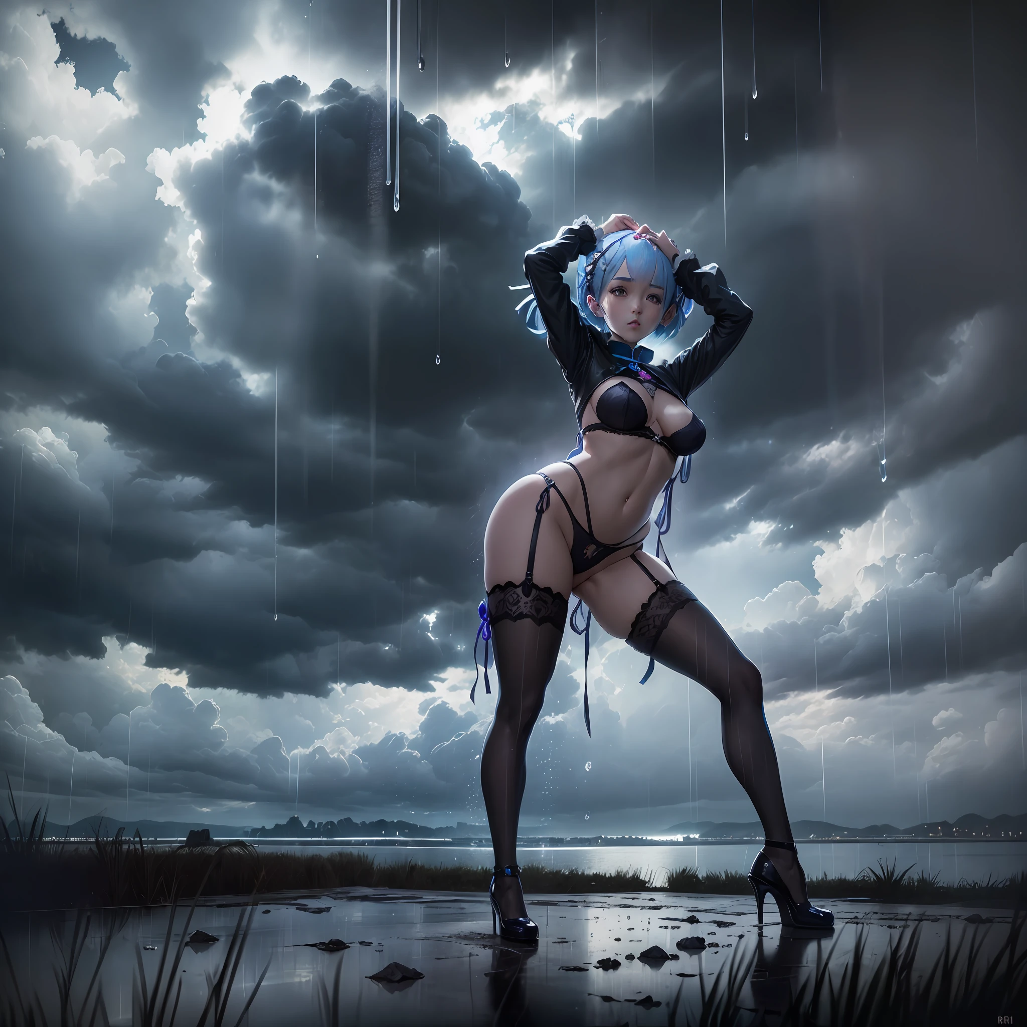 (((Rem from Rezero))) proportional body, Sexy pose Masterpiece ,Best quality, (Micro lingerie), Storm clouds, Rain, lightings strikes, silhouette, (Dark ambient), light focus the body, dark abandoned  landscape, light particle, dark night, contrast, view from below, deep of view, rain drops