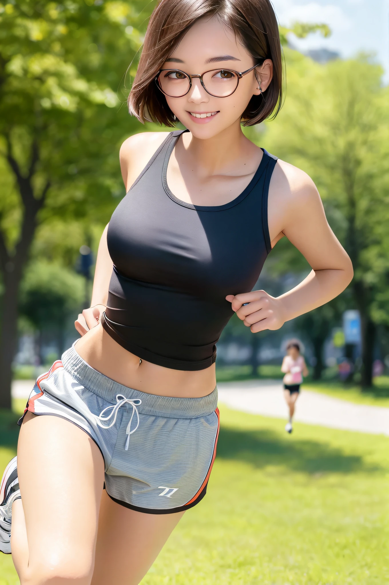 Woman jogging in the park 18 years old, breast size is D cup, summer, short-pants, smile, brown hair, bob hair, Boston-shaped glasses,