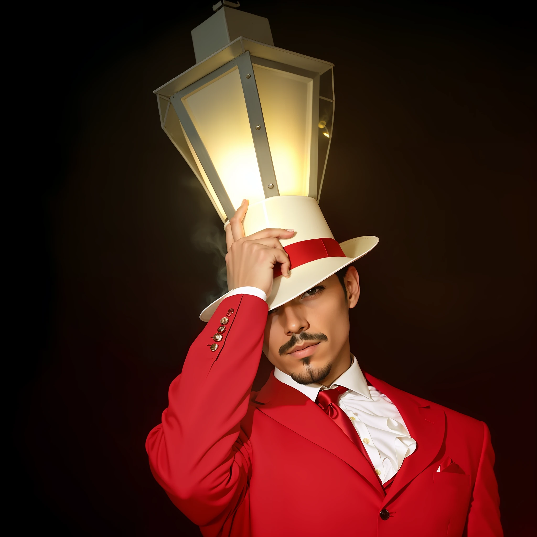 there is a man in a red suit and hat holding a light, alejandro, red suit, he has a red hat, photo taken at night, vaudevillian, full costume, holding a lantern, light skin, handsome man, during the night, mangeta smoke red light, during night, carmelo blandino, dim lit, salvador dali style