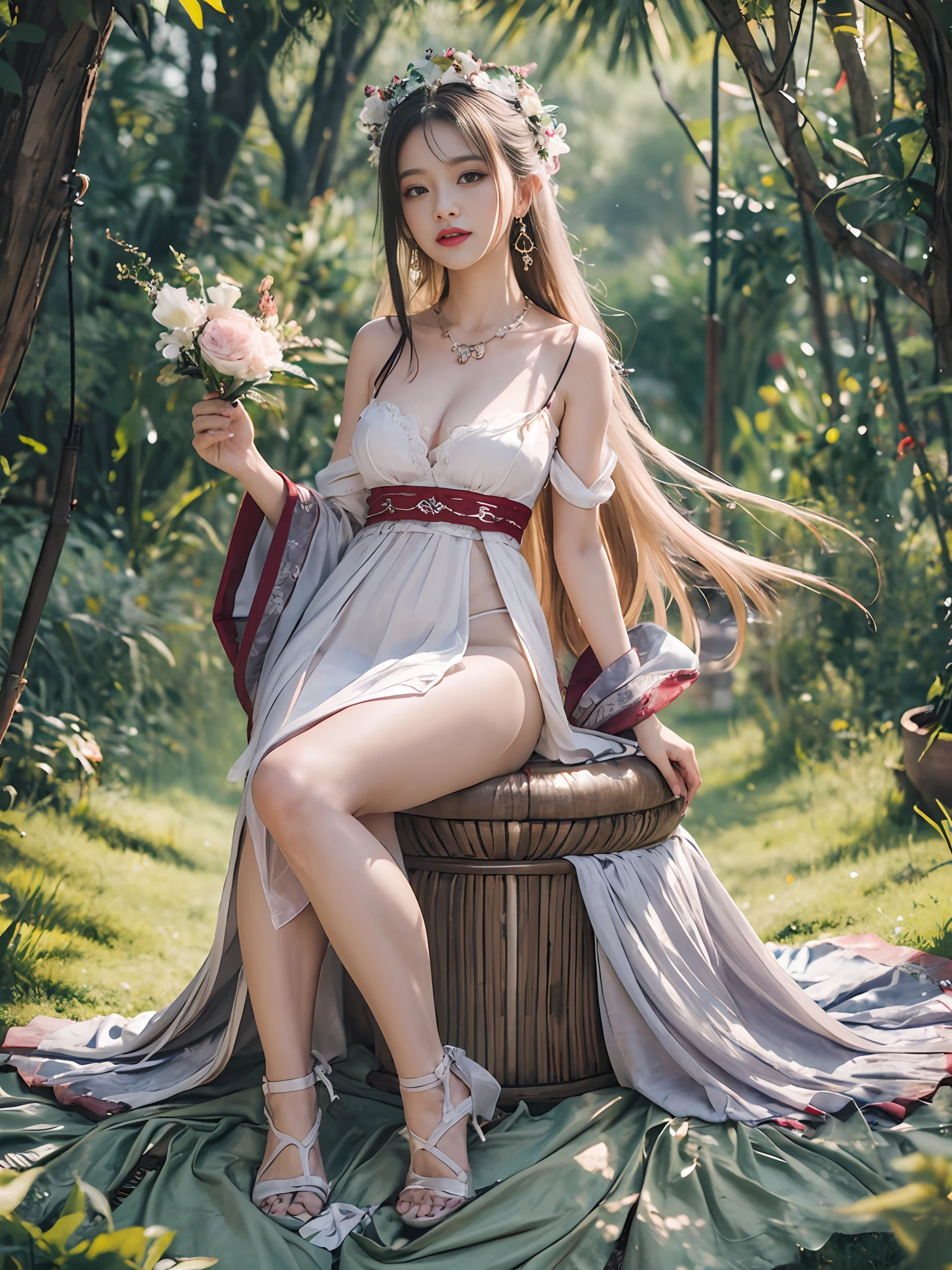 (Best Quality, Masterpiece, High Resolution), 1girl,full body,White Clear Silk Porcelain Dress, Smile, Shut Up, Lips, Dress, Hanfu,(white Silk stockings:1.2),Necklace, Jewelry, Long Hair, Earrings, Beautiful Face, Body, Tyndall Effect, Realism, Edge Lighting, Two-tone Lighting, (High Detail Skin: 1.2), 8k UHD, DSLR, Soft Light, High Quality, Volume Lighting, Frank, High Resolution, 4K, 8K, Background Blur, Dream Forest, Feather Drop Effect, Morning,