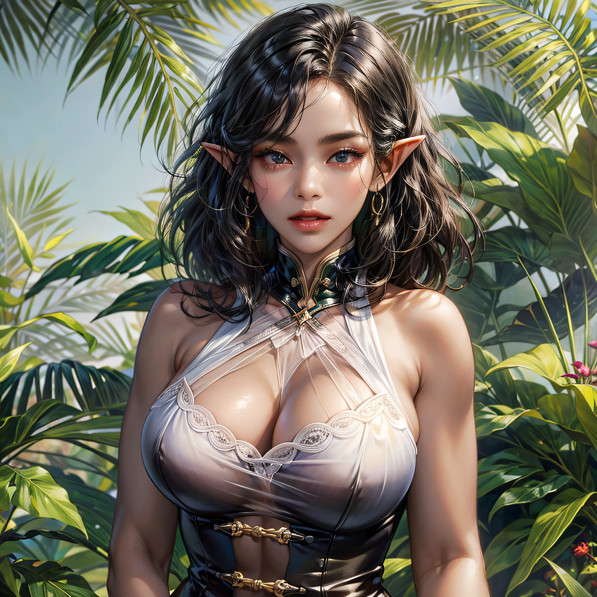 solo,elf,dark skin,milf,mature,black curly hair,plump,see-through leotard, --auto --s2