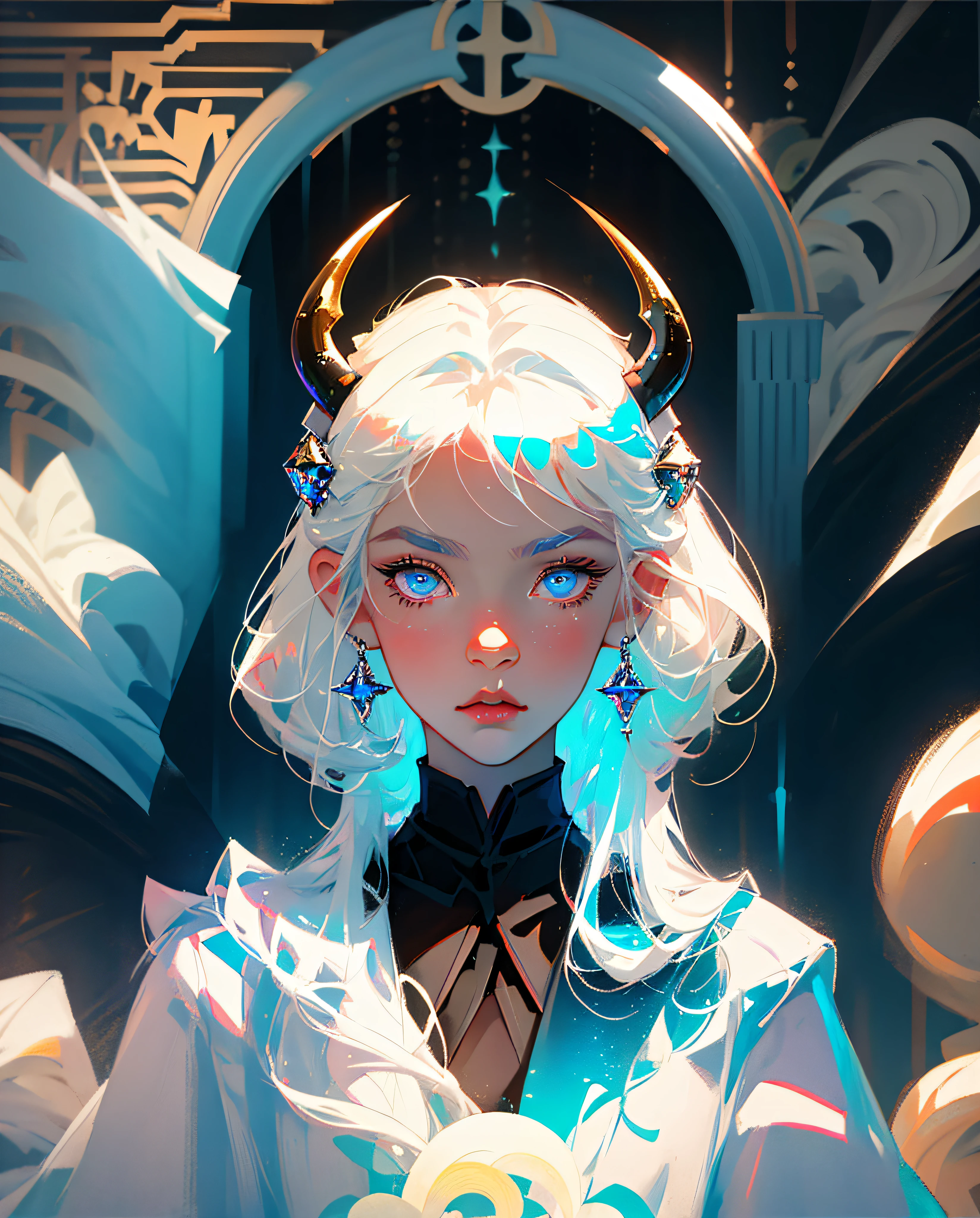 Perfect masterpiece, highest quality, perfect work of art, 8K, illustration, soft pale blue fur, white hair, black pupils, ghost horns, 2 horns, blue eyes, (boy, male, juvenile), bust photograph, gaze at the viewer.