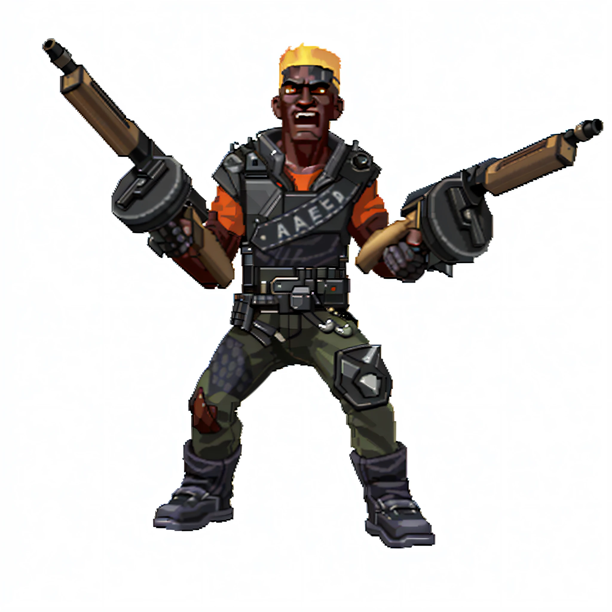 a close up of a person holding two guns and a gun, heavy weapons guy, 3 d render of jerma 9 8 5, starfinder character, mercenary, character art the contra, ingame image, minigun, dystopian bounty hunter, haris nukem, game character, battle pose, heavily armed, joe biden in team fortress 2, holding flamethrower