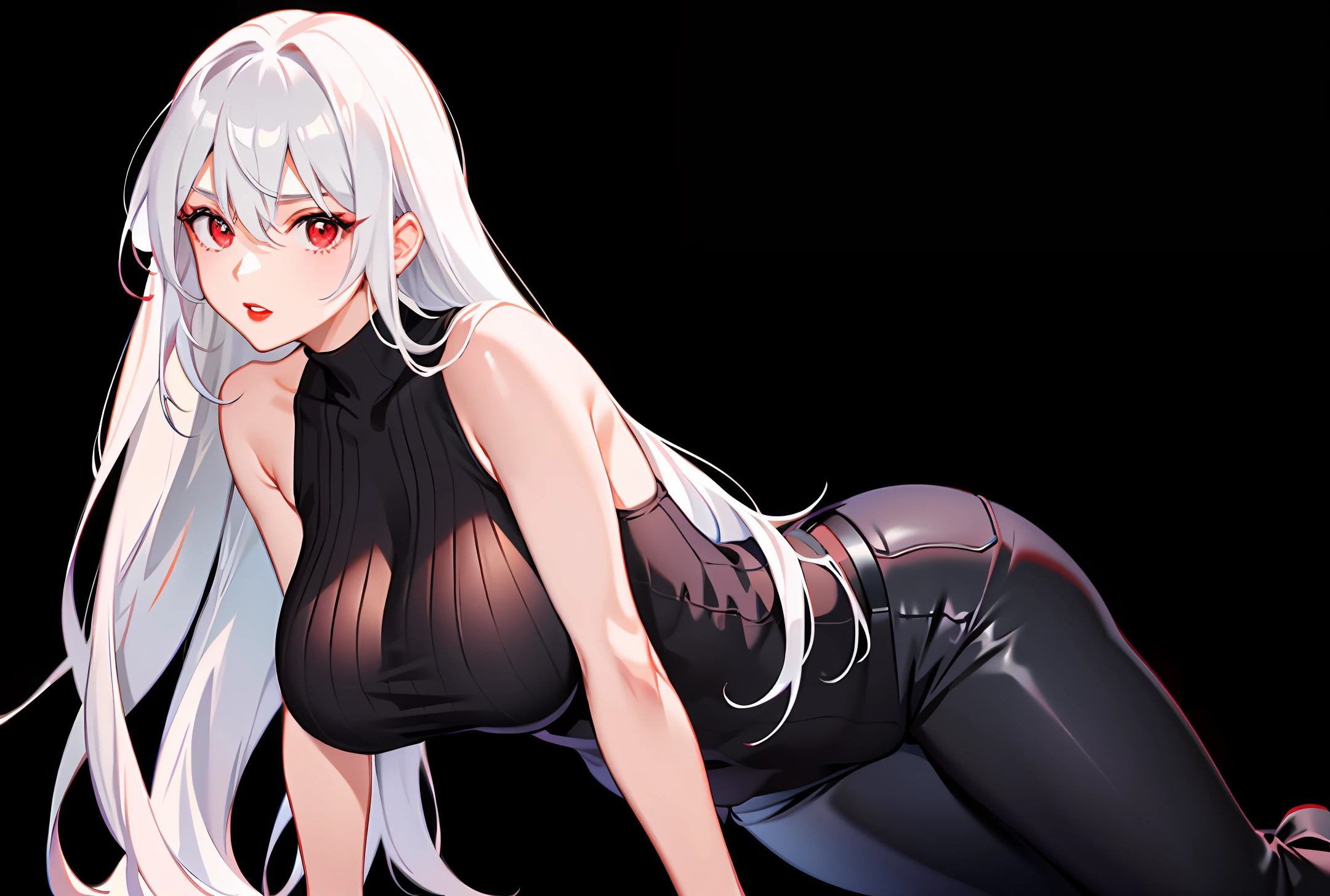 1girl, bangs, bare shoulders, black pants, breasts, breasts squeezed together, grey background, hair between eyes, huge breasts, long hair, looking at viewer, pants, parted lips, red eyes, shirt, simple background, sleeveless, sleeveless shirt, solo, turtleneck, v arms, white hair,(shiny skin),(masterpiece:1.4),(best quality:1.4),mature female,fashi-girl,red lips