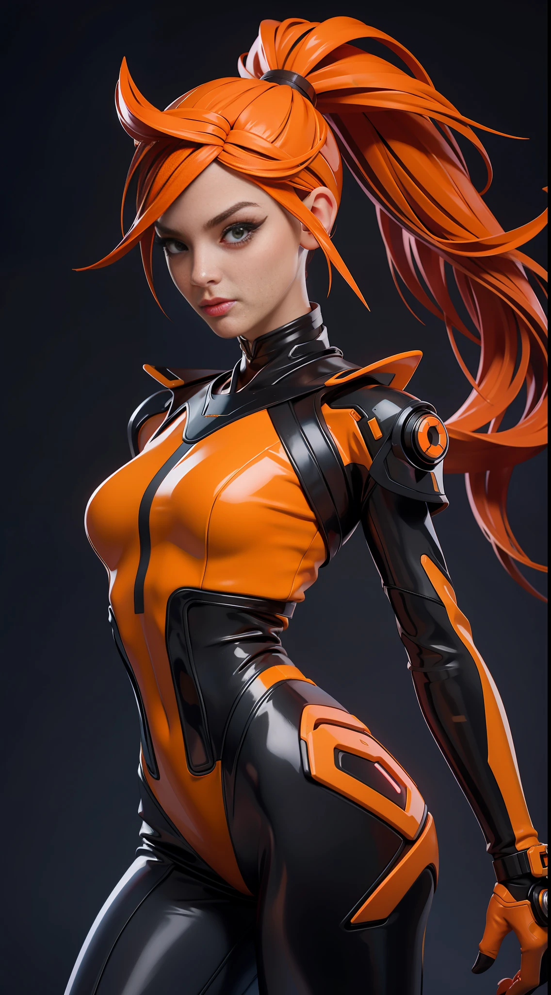 solo, super fine photo, portrait Unreal Engine 5 8K UHD of beautiful and cute girl, ponytail hair, dark orange and black color scheme tight cybernetic latex catsuit, cybernetic glove, futuristic design, coral neon lights details, beautiful make up, luxurious, best quality, masterpiece, official art, unified 8k wallpaper, super detailed, sharp focus, dynamic pose, body parts