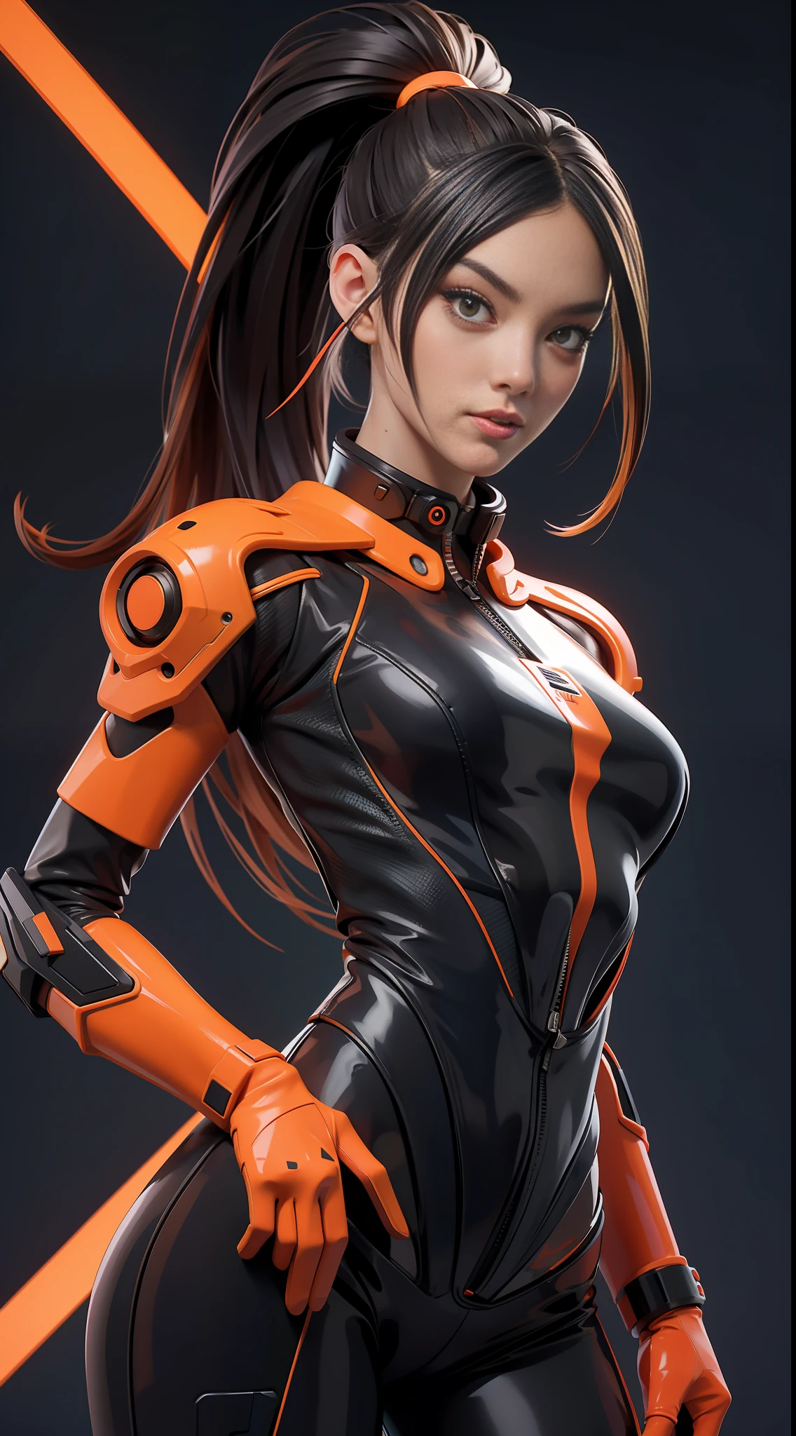 solo, super fine photo, portrait Unreal Engine 5 8K UHD of beautiful and cute girl, ponytail hair, dark orange and black color scheme tight cybernetic latex catsuit, cybernetic glove, futuristic design, coral neon lights details, beautiful make up, luxurious, best quality, masterpiece, official art, unified 8k wallpaper, super detailed, sharp focus, dynamic pose, body parts