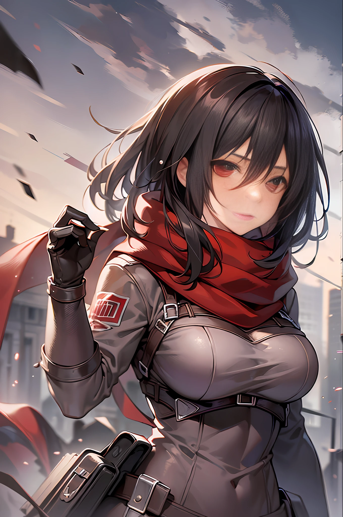 Masterpiece, best quality, big breasts, busty, perfect body, 1 girl, mikasa_ackerman, red scarf, sky, gloomy, fighting stance, sinister gang, butyric acid, minimalism, impact art, ruins, black eyes, close-up