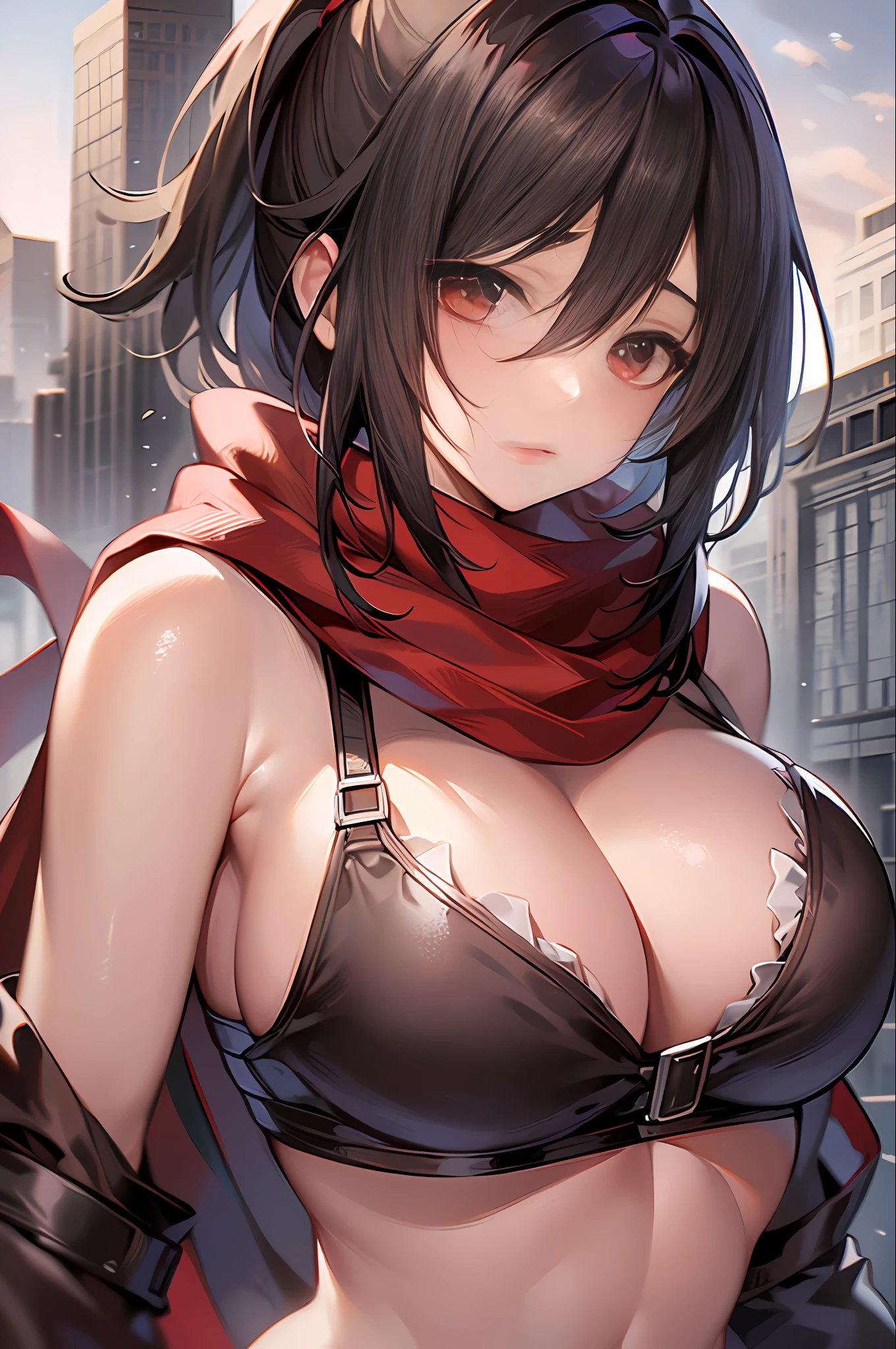 Masterpiece, best quality, big breasts, busty, perfect body, 1 girl, mikasa_ackerman, red scarf, sky, gloomy, fighting stance, sinister gang, butyric acid, minimalism, impact art, ruins, black eyes, close-up