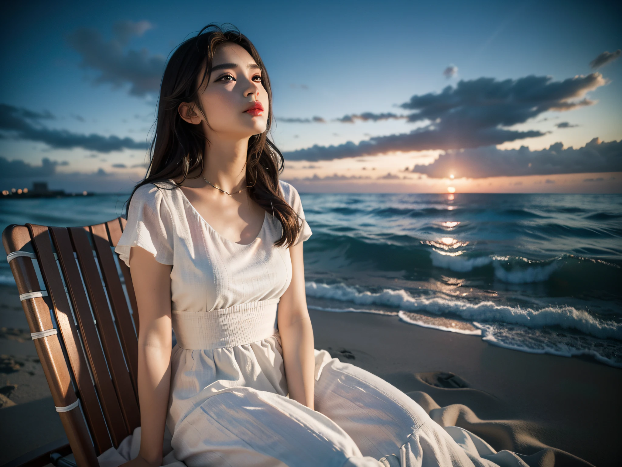 (front focus), (masterpiece, top quality, best, official art, beauty and aesthetics: 1.2), 1 girl lying on beach chair looking up at the night sky, sad, sitting by the sea, beach, night, looking up, sunset, sunset, looking at the sky in distraction, wearing long skirt, long white dress, (bust photo: 1.5), dynamic pose, original photo, contemporary aesthetics, hard light, backlight, original photo, sharp focus, photorealistic feeling, cinematic lighting, volumetric lighting,