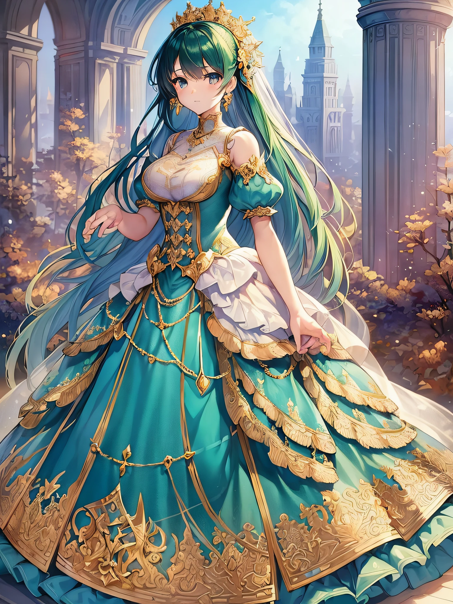 ((anime moe artstyle)),((Masterpiece)), (Best Quality), (Super Detail),Illustration,(((Very Delicate and Beautiful))),Dynamic Angle,Looking at viewer,((((Solo)))),(((Full body))),((1 cute priness in gorgeous ball gown)),(standing),gorgeous embroidery full length hoop skirt,luxurious lace and ruffled voluminous ball gown with gorgeous embroidery,jeweled ornaments,