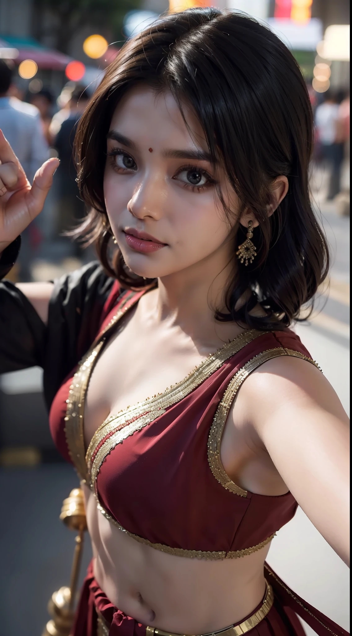 (fromabove:1.5),(selfie:1.5),(close-up:1.5),24-28 Years Old bollywood indian female fashion mode,bob hair style,brown skin,dressed Sari,Happy expression on face,at the night market,backlight, extremely realistic, 8k, insane details, intricate details, cinematic color graded,Color Grading, Editorial Photography, Photography,sharp focus, taken with a 60mm lens, ISO 300, f/4, 1/200th