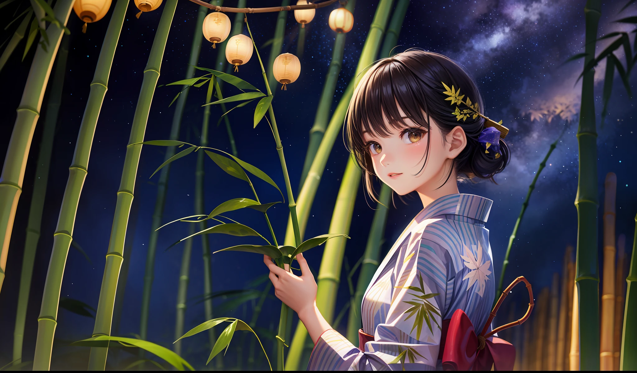 Beauty, 25 years old, countryside, yukata, night, starry sky, ((Tanabata (Tanabata / Bamboo leaves, strips)),