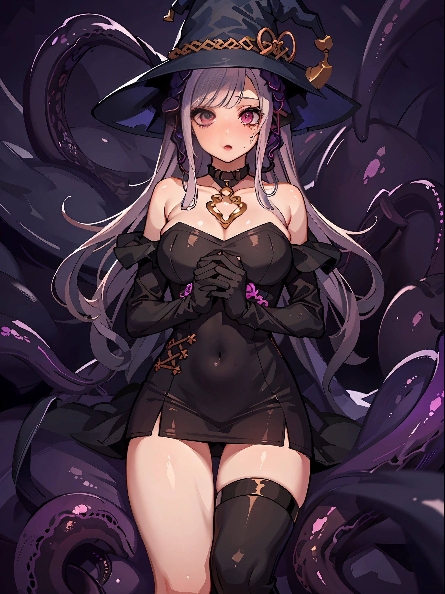masterpiece, absurdres , highres, ultra detailed, (1girl:1.3), 1girl, witch hat, tight clothes, (tentacles), dress, large breasts, long hair, sexy, realistic, vivid colors, purple hair